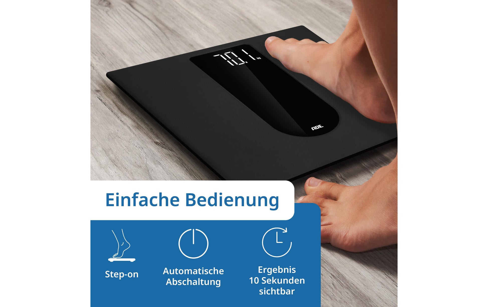 ADE Personenwaage Allegra – 31×31×2,6 cm, Glas, 250 kg, Schwarz