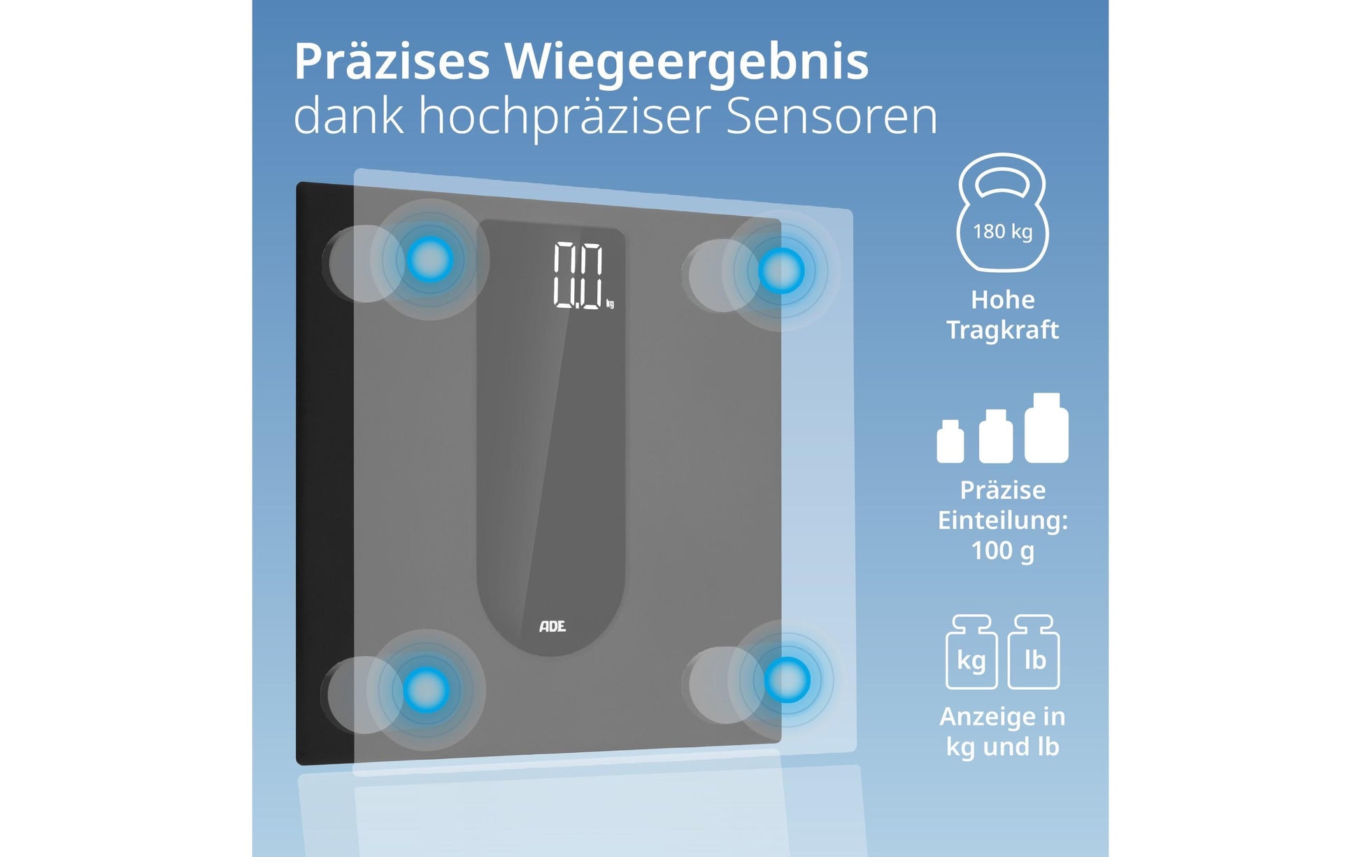 ADE Personenwaage Allegra – 31×31×2,6 cm, Glas, 250 kg, Schwarz