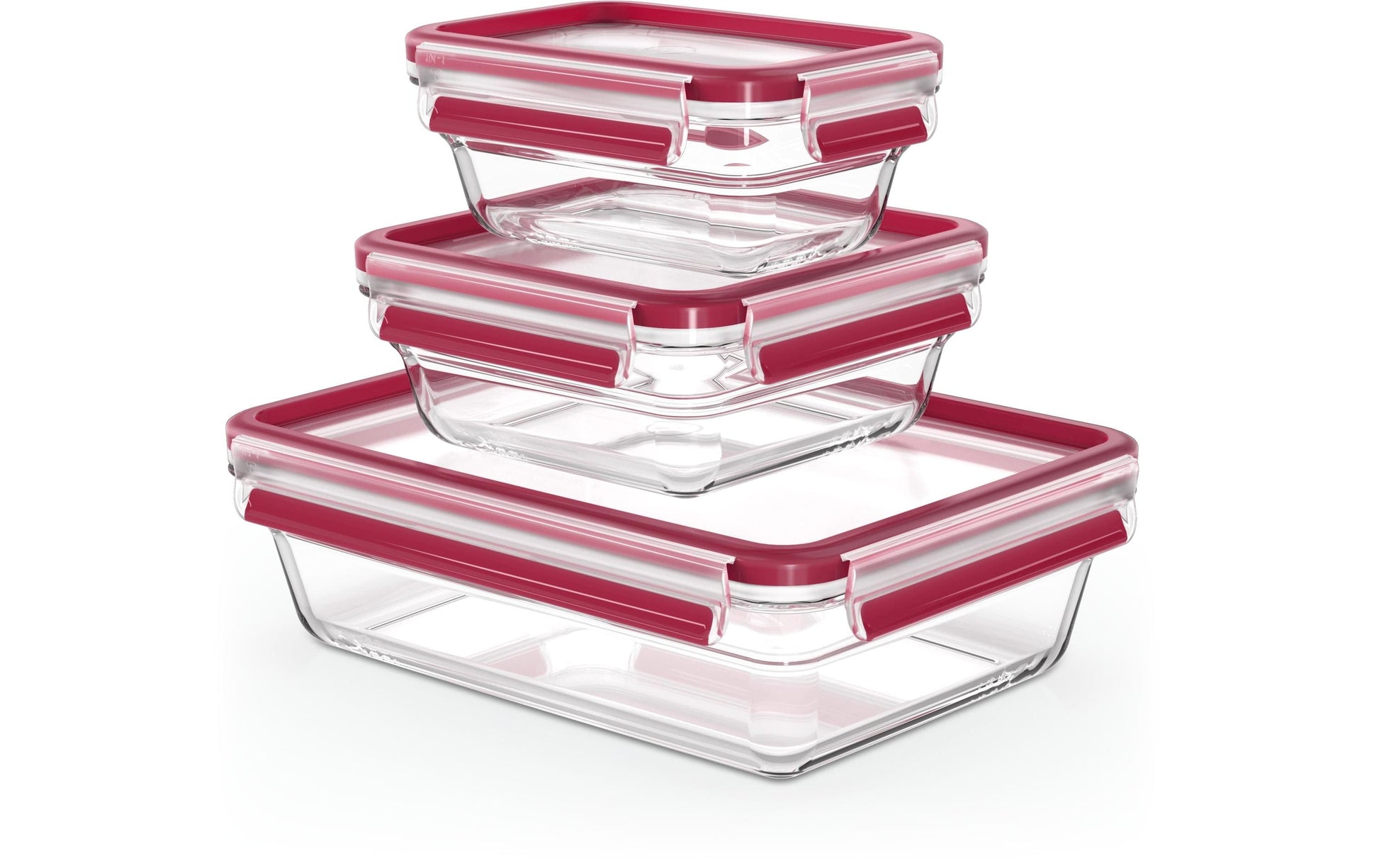 EMSA Vorratsbehälter Clip & Close – 0,45/0,8/2,0 l – eckig – 19,7 × 15,8 × 28,0 cm – Glas – rot – 3-teilig