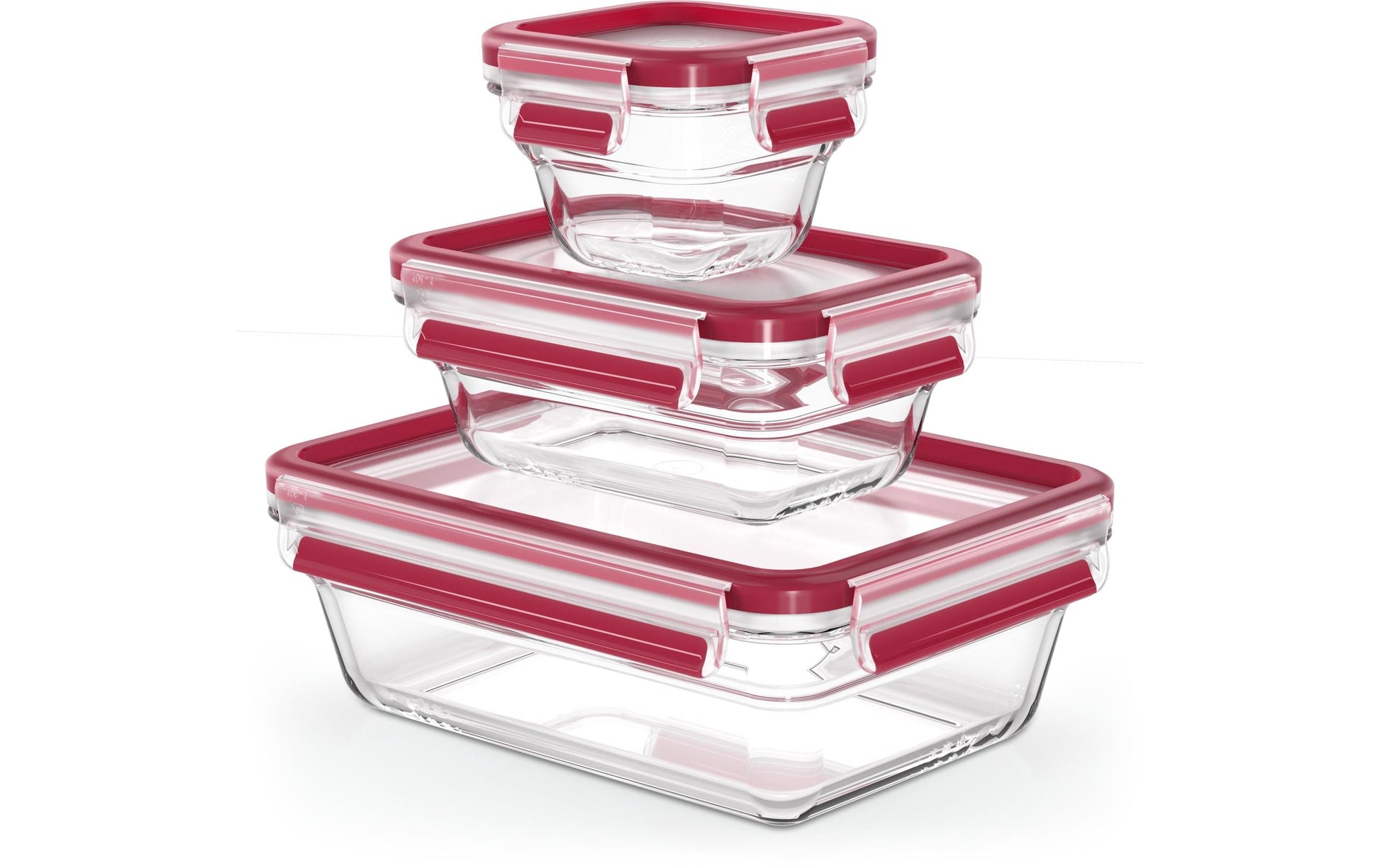 EMSA 3-teiliges Vorratsdosen-Set, 180 ml/450 ml/1,3 l, 17,8 × 24,0 × 12,7 cm, Glas, rot/transparent