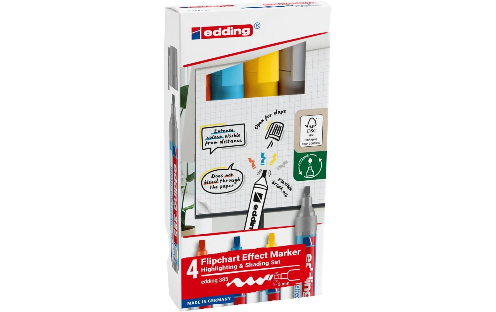 Edding Flipchart-Marker Effektmarker 385 – Kalligrafiespitze 1-5 mm – sortiert – 4er-Set – nachfüllbar