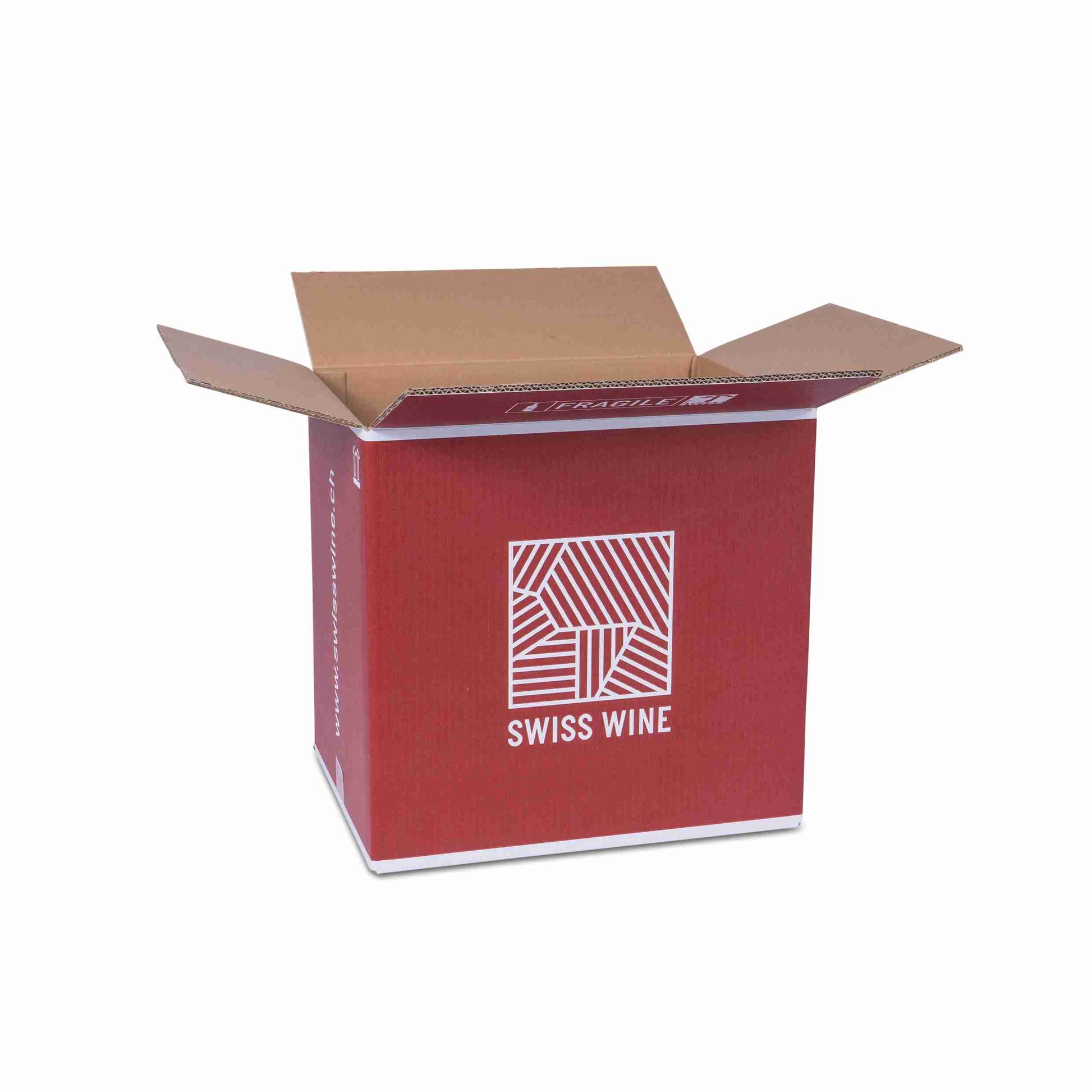 Swisswine Weinversandkarton – für 12 × 0,75 l, max. 310 mm & Ø90 mm – 366 × 277 × 350 mm, rot, Wellkarton – 1 Palette (300 Stk.)