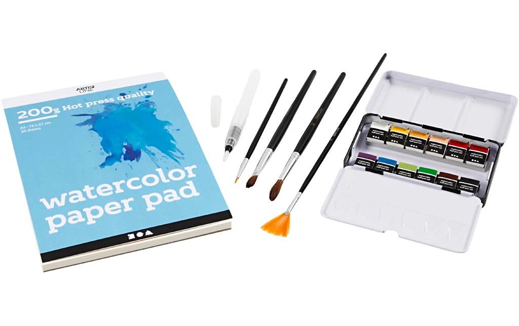 Creativ Company Bastelset Aquarell – inkl. Pinsel, Malvorlage, Farbe – Mehrfarbig