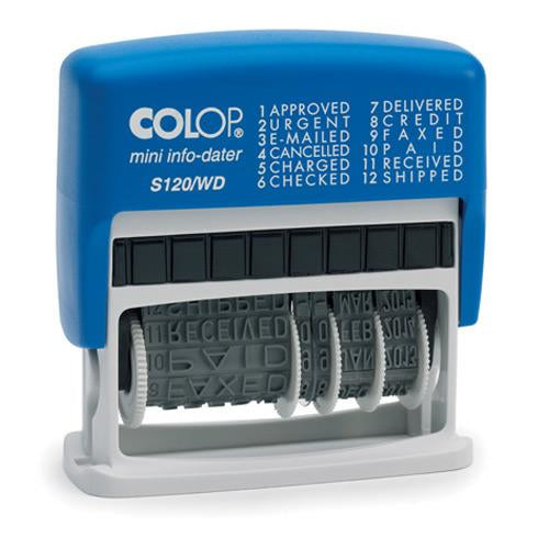 Colop S120WDD07 – Selbstfärbender Wort- & Datumstempel, 12 Texte / Italienisch, Abdruck 41 × 4 mm – Blau/Rot