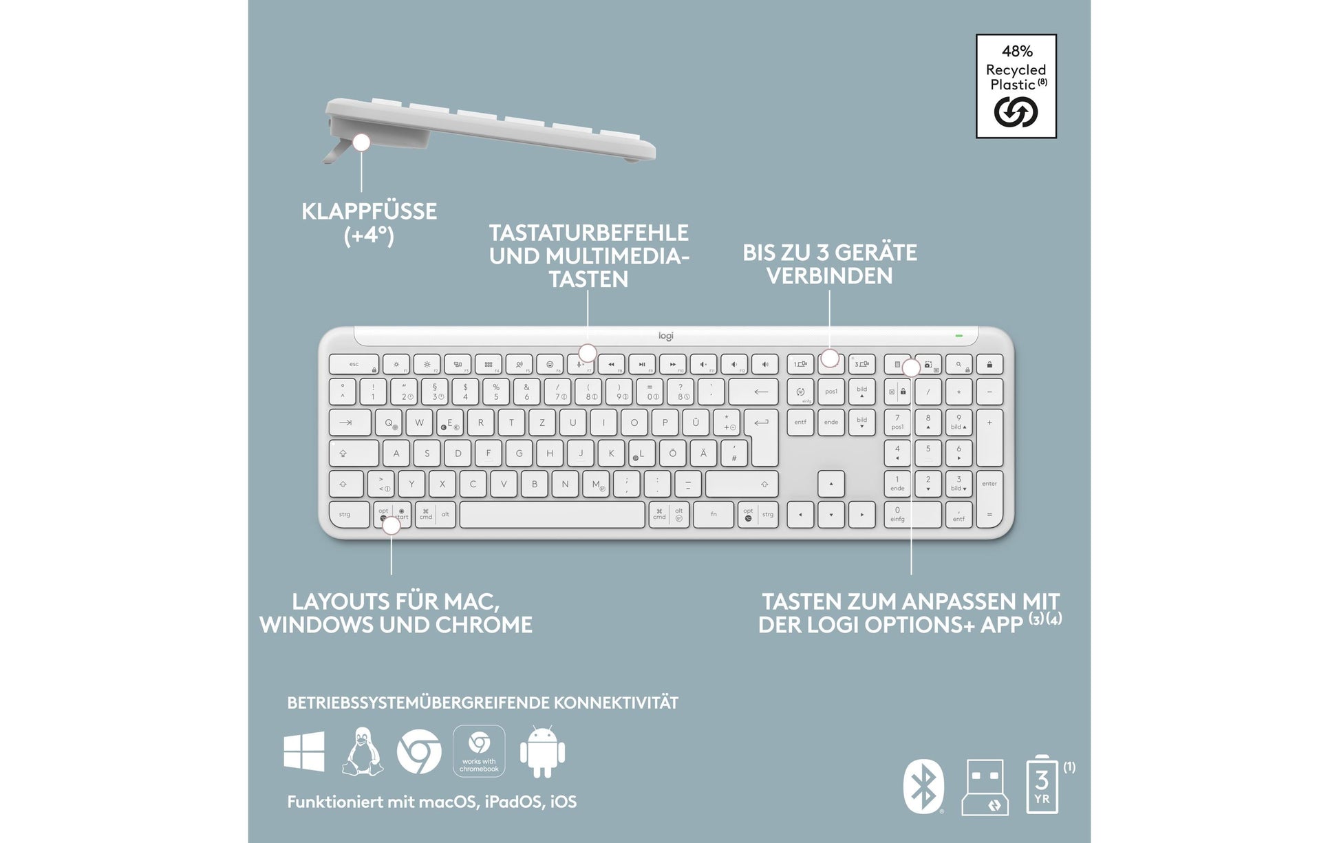 Logitech Signature Slim K950 – Tastatur, kabellos, CH-Layout (DE-CH), Weiss