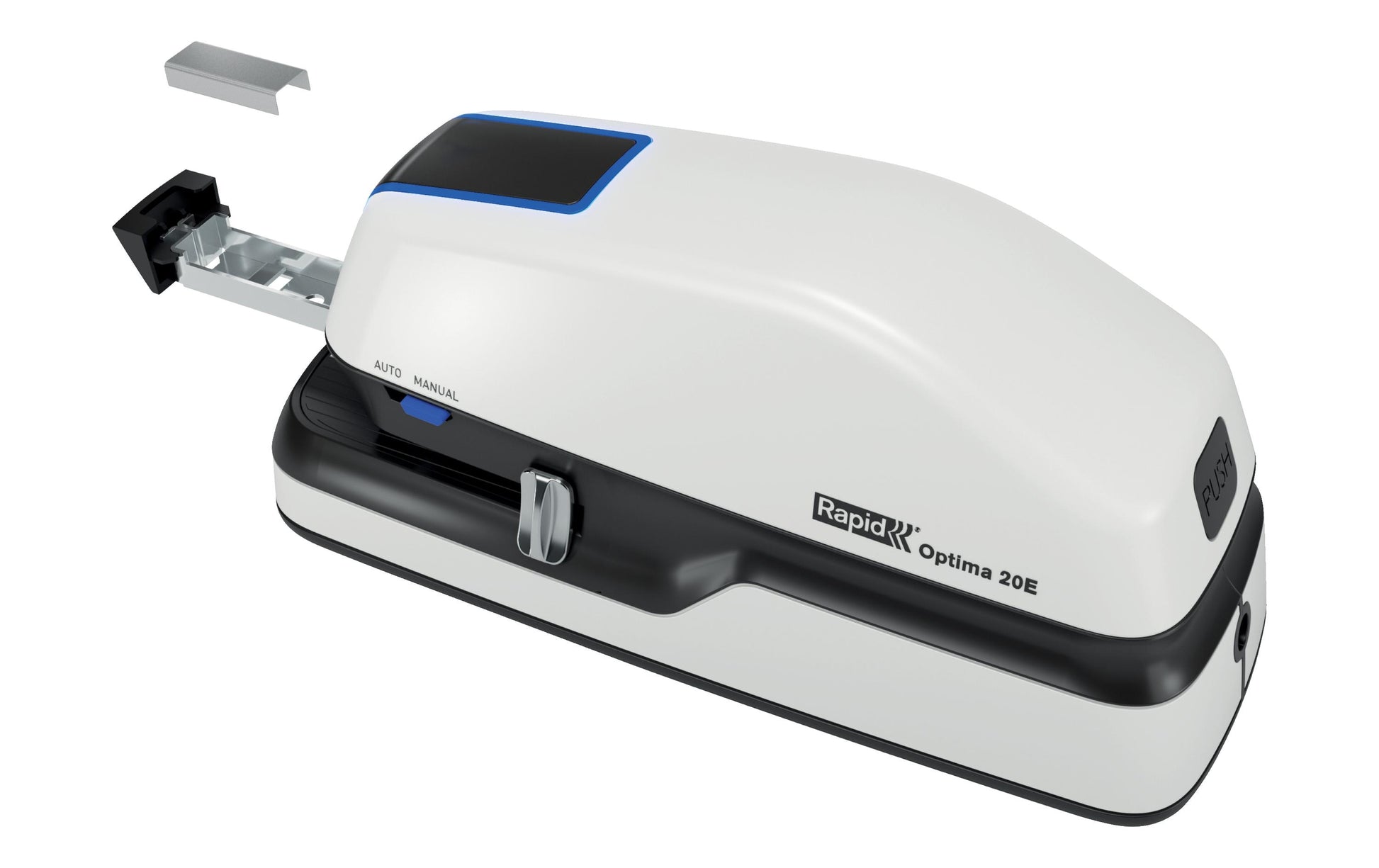 Rapid Optima 20E – Elektrischer Hefter, geschlossene Heftung, Einlegetiefe 42 mm, Weiss/Grau/Blau