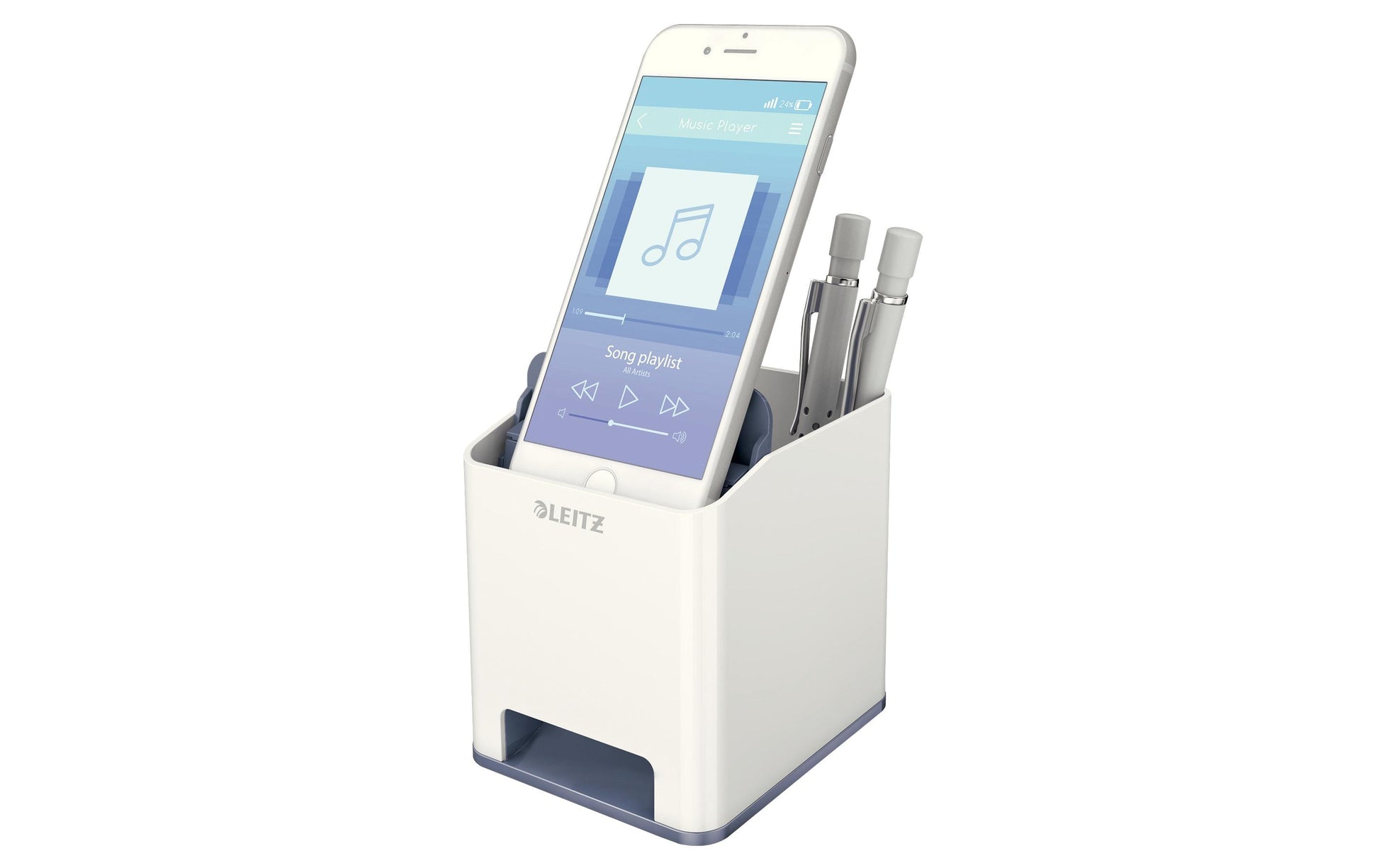 Leitz WOW 53631001 Stifteköcher – 2 Fächer, mit Smartphone-Fach, Soundverstärkung, Weiss, Polystyrol (PS)