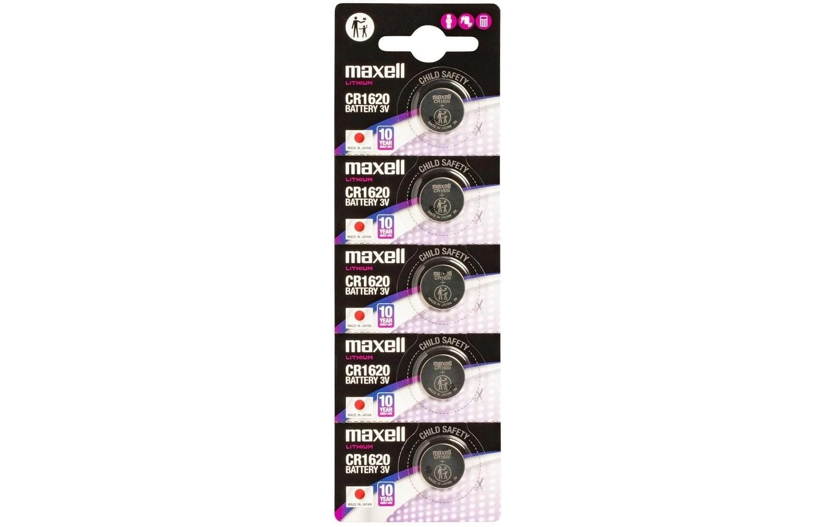 Maxell Knopfzellen CR1620, Lithium-Mangandioxid, 3 V – 5 Stk.