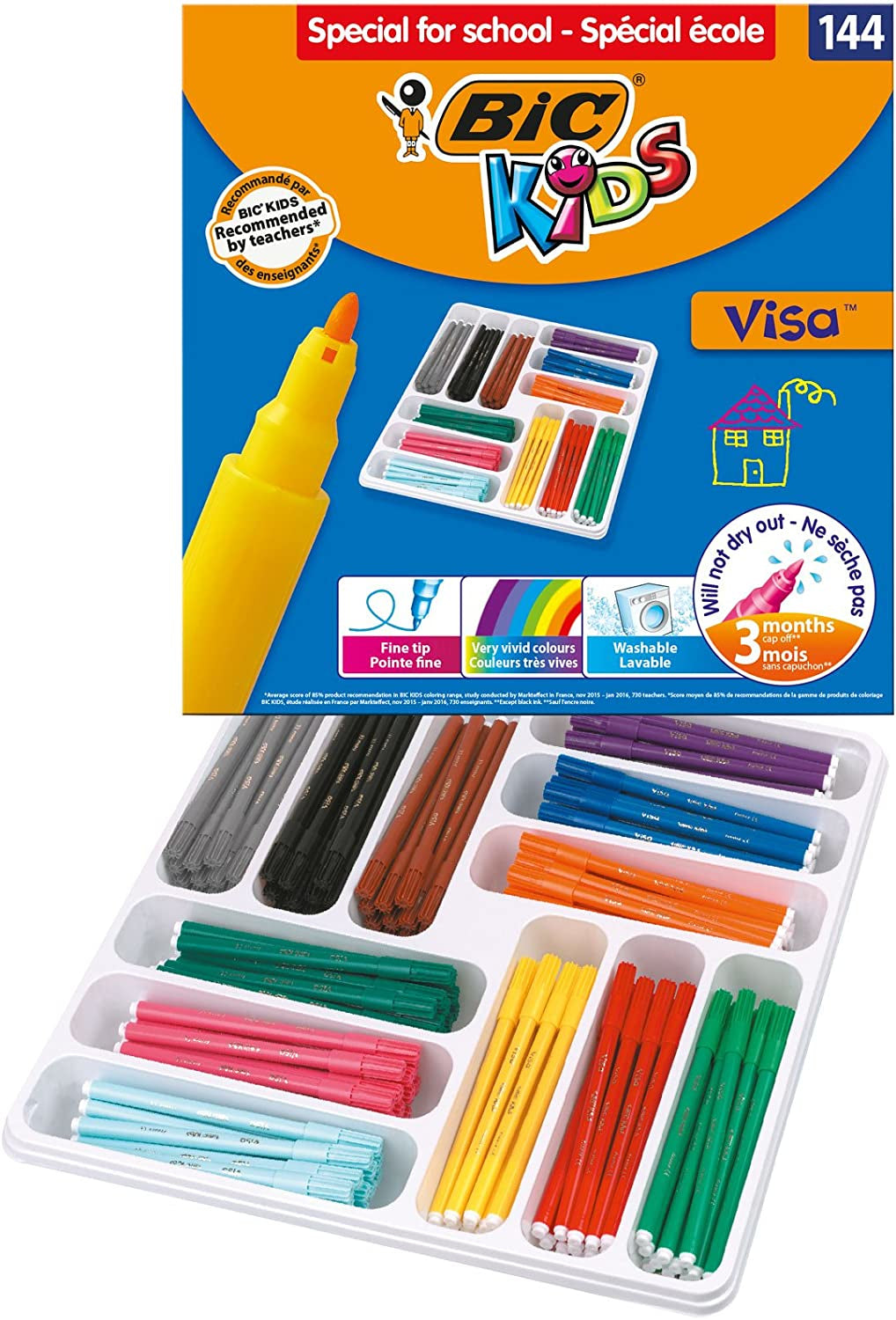 BIC KIDS Filzstifte – Feine Spitze, 0,9–2 mm, Auswaschbar, 9 Farben, 120er Set