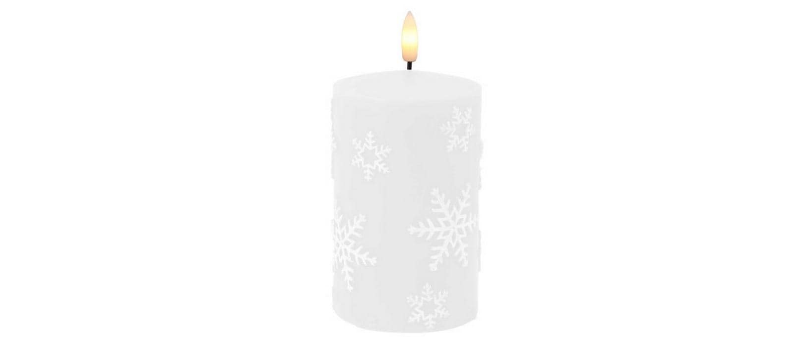 Dameco LED-Teelicht Schneeflocke – Ø 7,5 × 12,5 cm, Warmweiss, Weiss, Timer, Batteriebetrieb (2× AA)