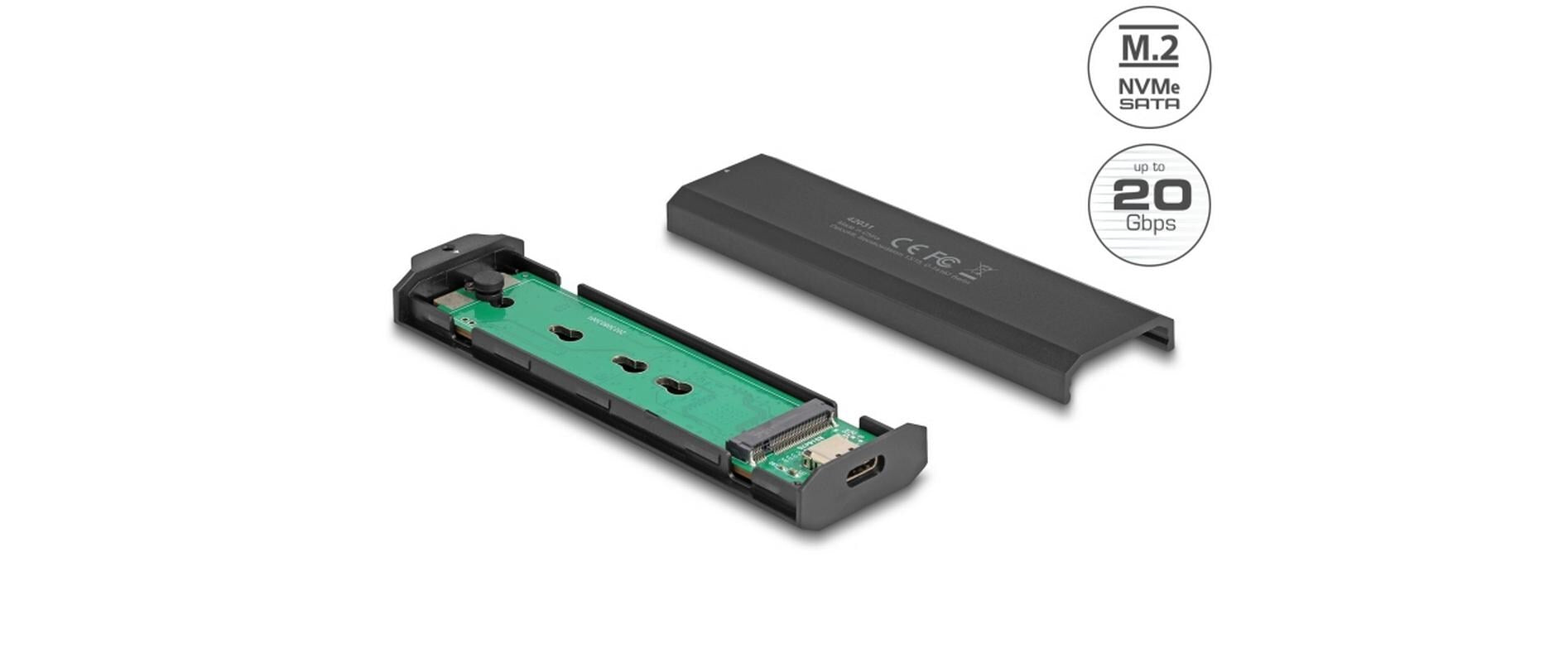 DeLOCK 42031 – 1-Bay SSD-Gehäuse (M.2) – USB 3.2 Gen 2x2 (20 Gbit/s), USB-C – für M.2 NVMe (PCIe) und M.2 SATA
