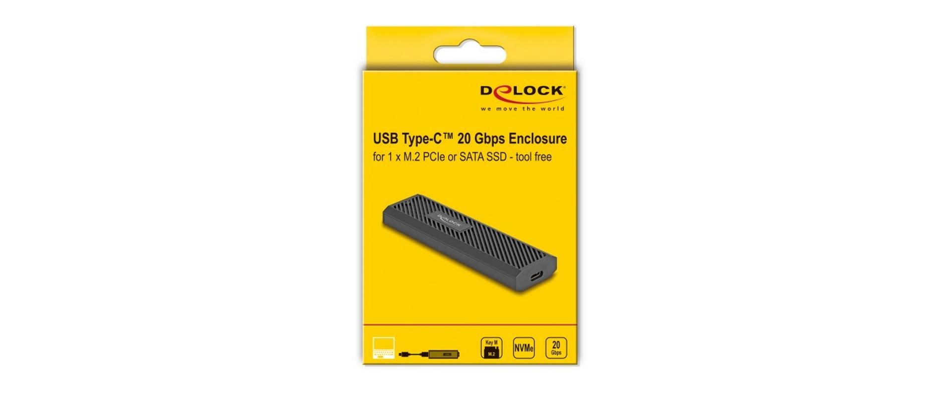 DeLOCK 42031 – 1-Bay SSD-Gehäuse (M.2) – USB 3.2 Gen 2x2 (20 Gbit/s), USB-C – für M.2 NVMe (PCIe) und M.2 SATA