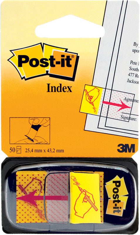 Post-it Register – 25,4 × 43,2 mm, Kunststoff, Gelb, mit Dispenser, Hier unterschreiben
