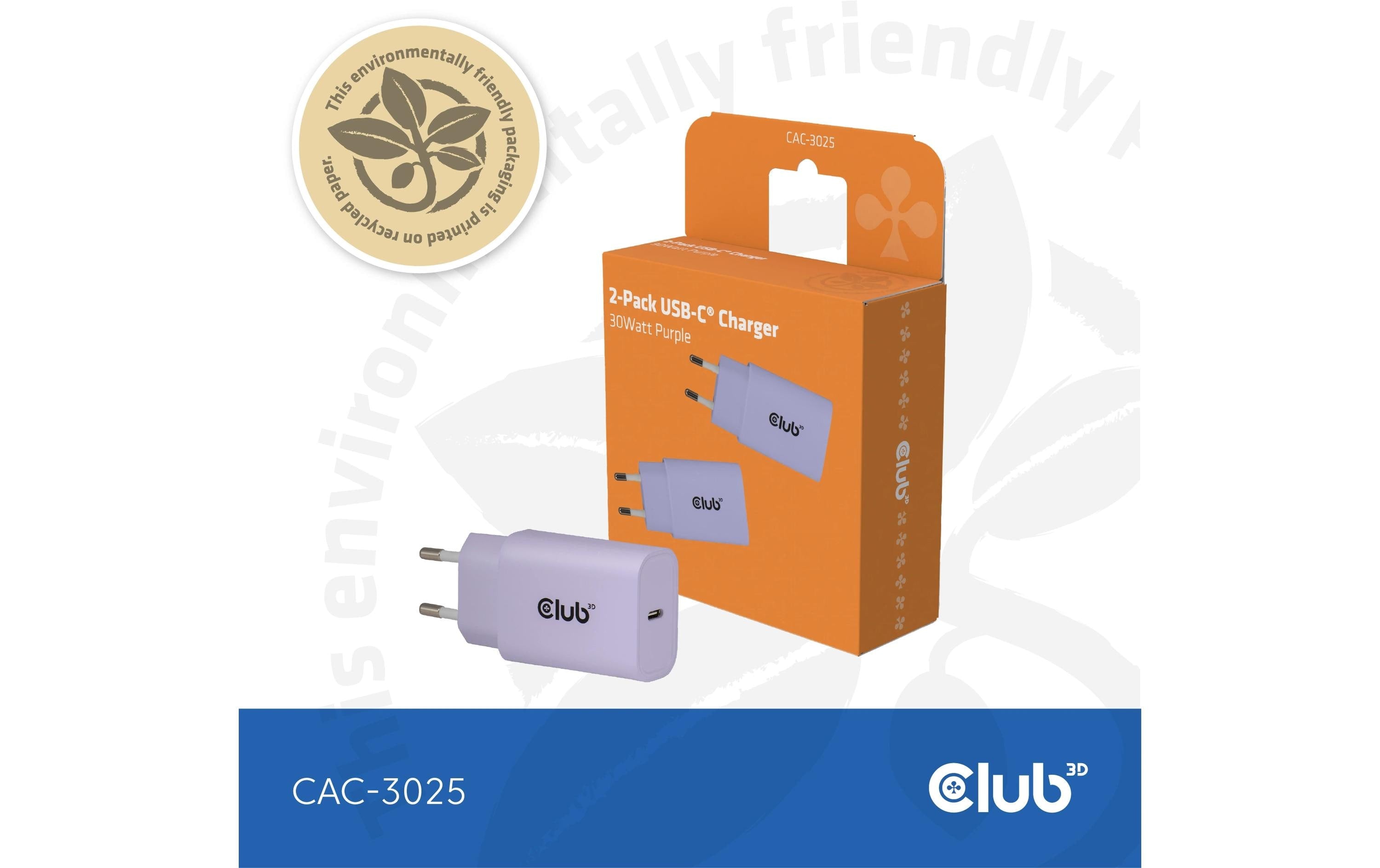 CLUB3D Club 3D 2er-Pack USB-Ladegerät 30 W – USB-C×1, PD – Violett