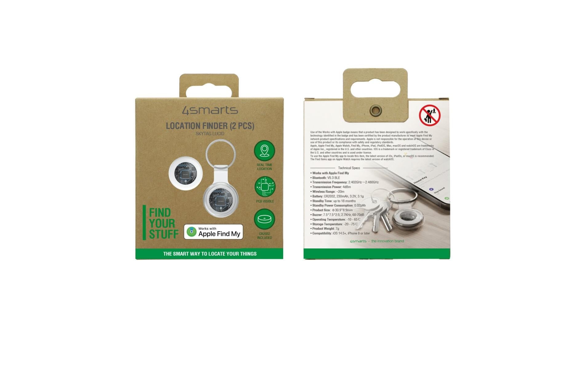 4smarts Bluetooth-Tracker Skytag – für Apple Find My-App, 95 × 105 × 15 mm, Weiss, 40 g
