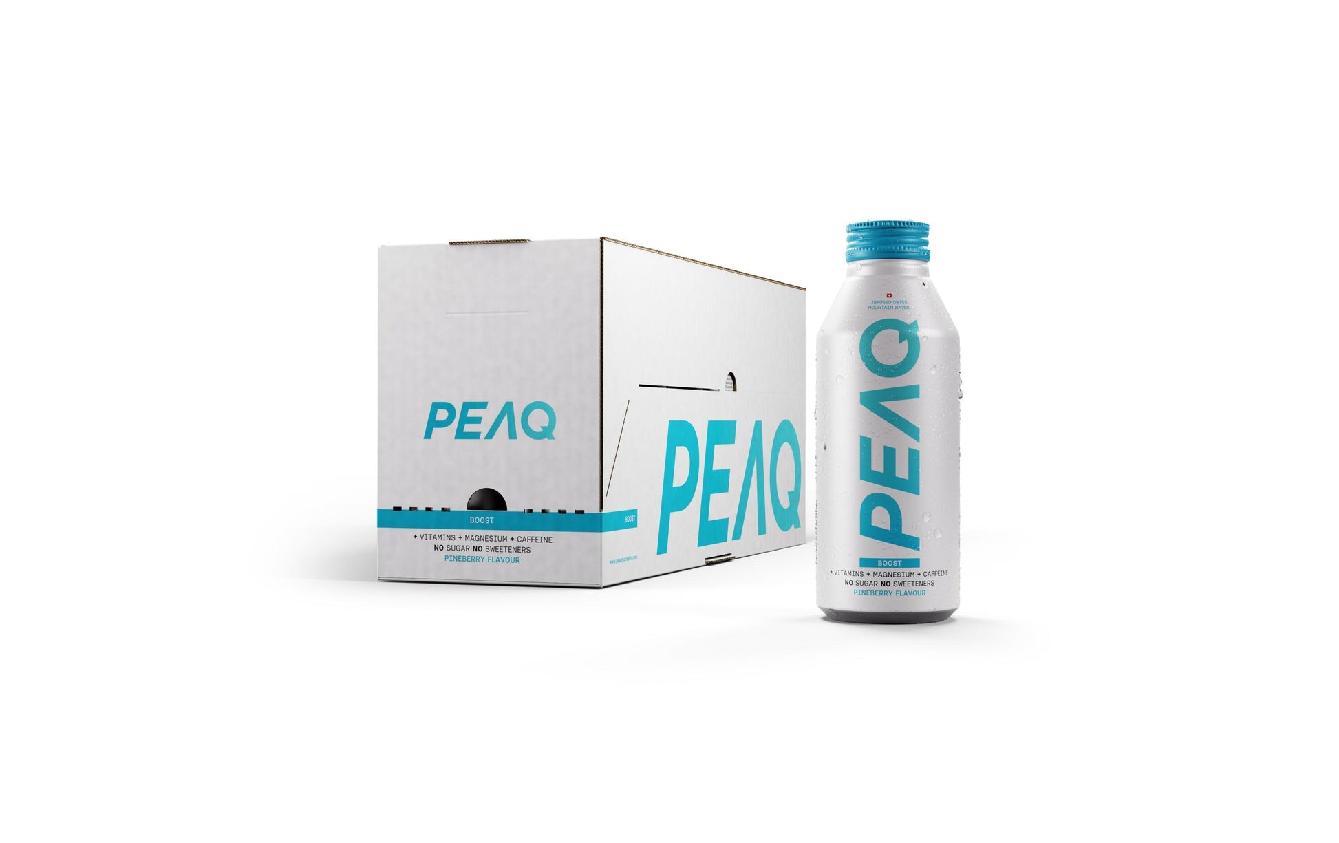 PEAQ Boost – Leicht prickelndes Vitaminwasser mit Vitaminen & Koffein, Pineberry – 12 × 47,3 cl