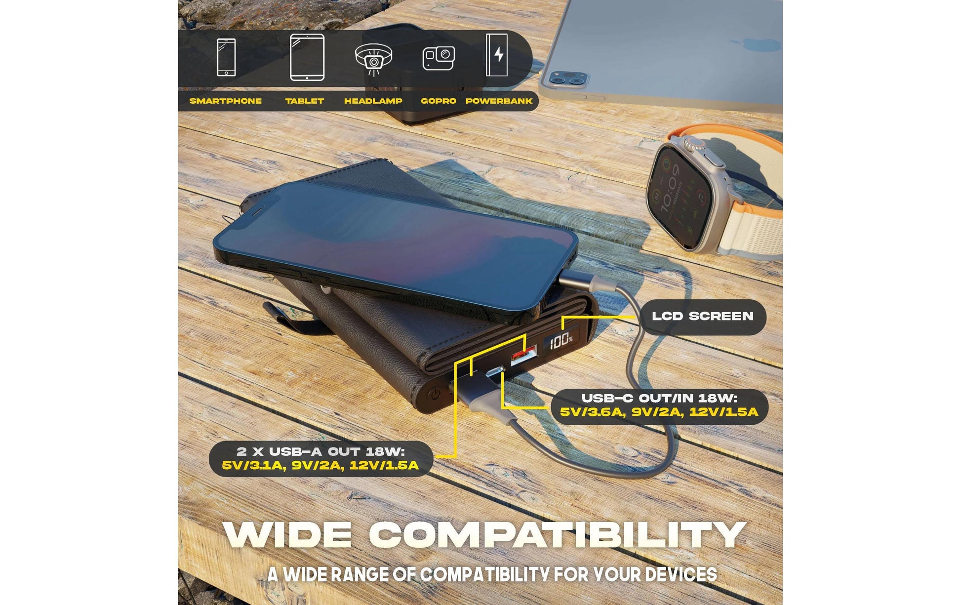Sunslice Powerbank 10000 mAh, PD 18 W, 1× USB-C, Solarpanel 8 W, Blau