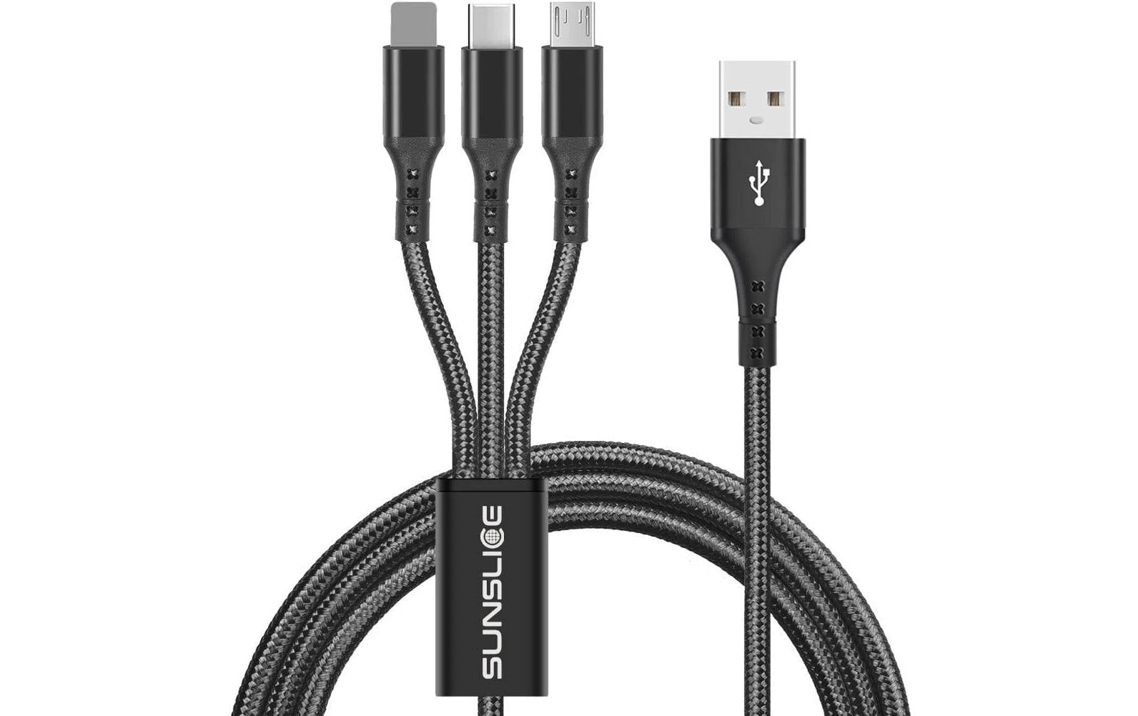 Sunslice Multi-Kabel – 3-in-1 USB-A auf USB-C/Micro-USB/Lightning 1 m, PD 12 W, Schwarz – für iPhone/Android