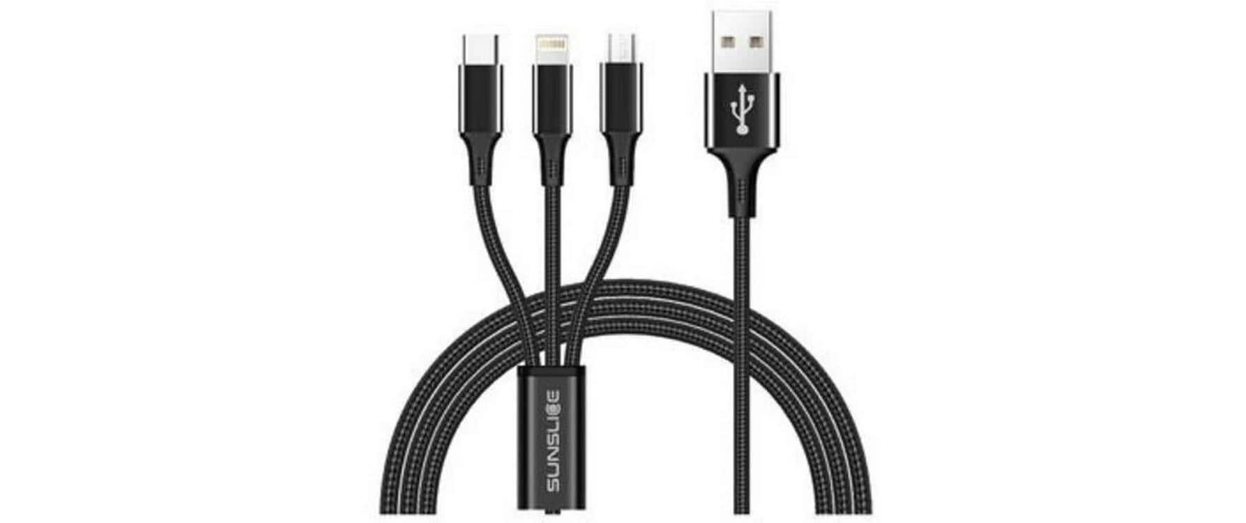 Sunslice Multi-Kabel – 3-in-1 USB-A auf USB-C/Micro-USB/Lightning 1 m, PD 12 W, Schwarz – für iPhone/Android
