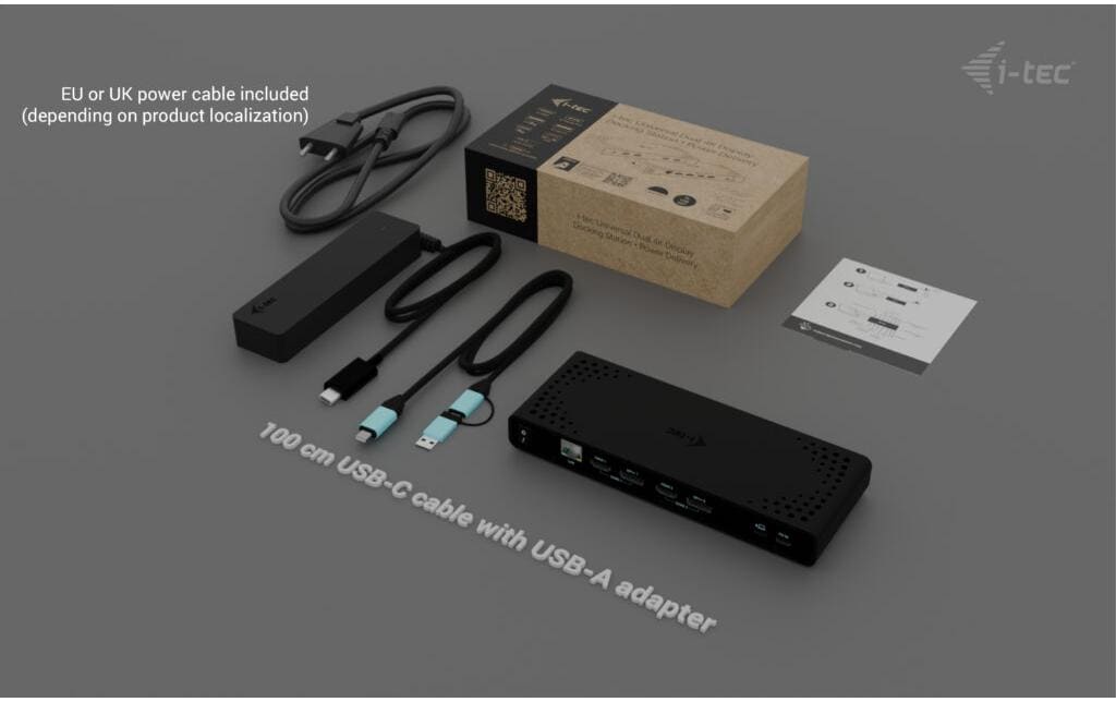 i-tec Uni Dual 4K Dockingstation – USB-C, 2× DP, 2× HDMI, 4× USB-A, 85 W PD, GbE, für Windows/Mac/ChromeOS