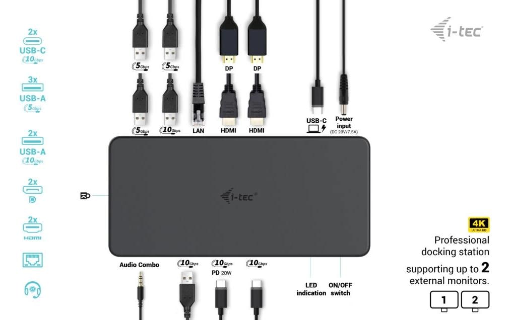 i-tec Dockingstation – USB-C, 2× DP, 2× HDMI, 5× USB-A, 100 W PD, GbE, für Windows/Mac