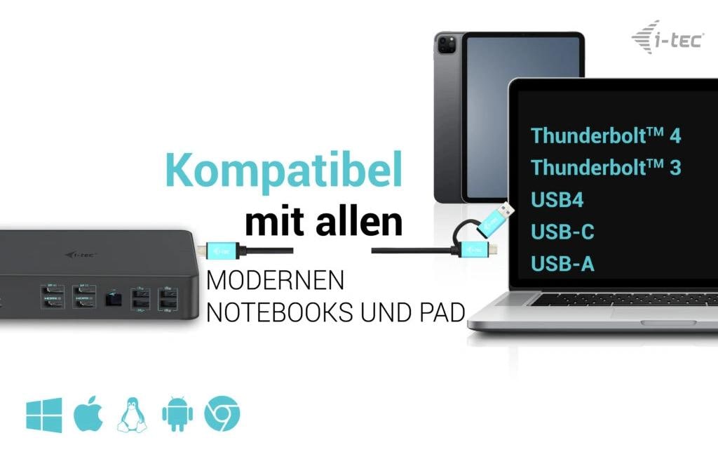 i-tec Dockingstation – USB-C, 2× DP, 2× HDMI, 5× USB-A, 100 W PD, GbE, für Windows/Mac