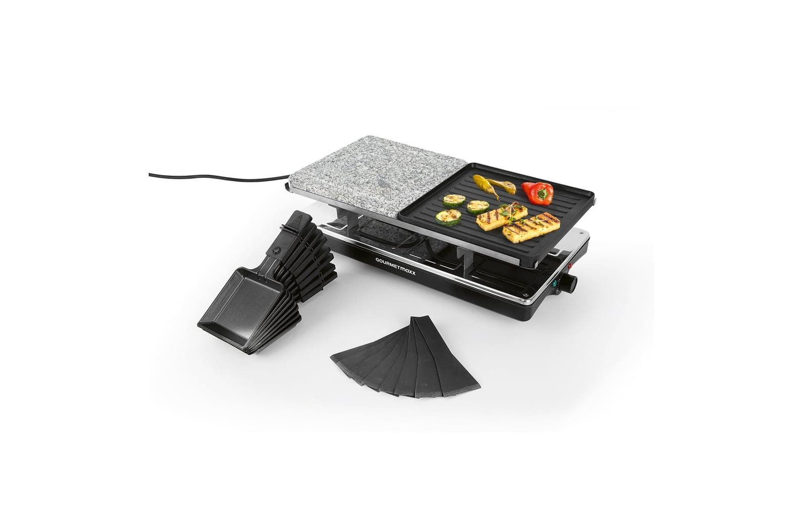 Gourmetmaxx Raclette-Grill – 8 Personen, Stein-Grillplatte, 1400 W – Schwarz