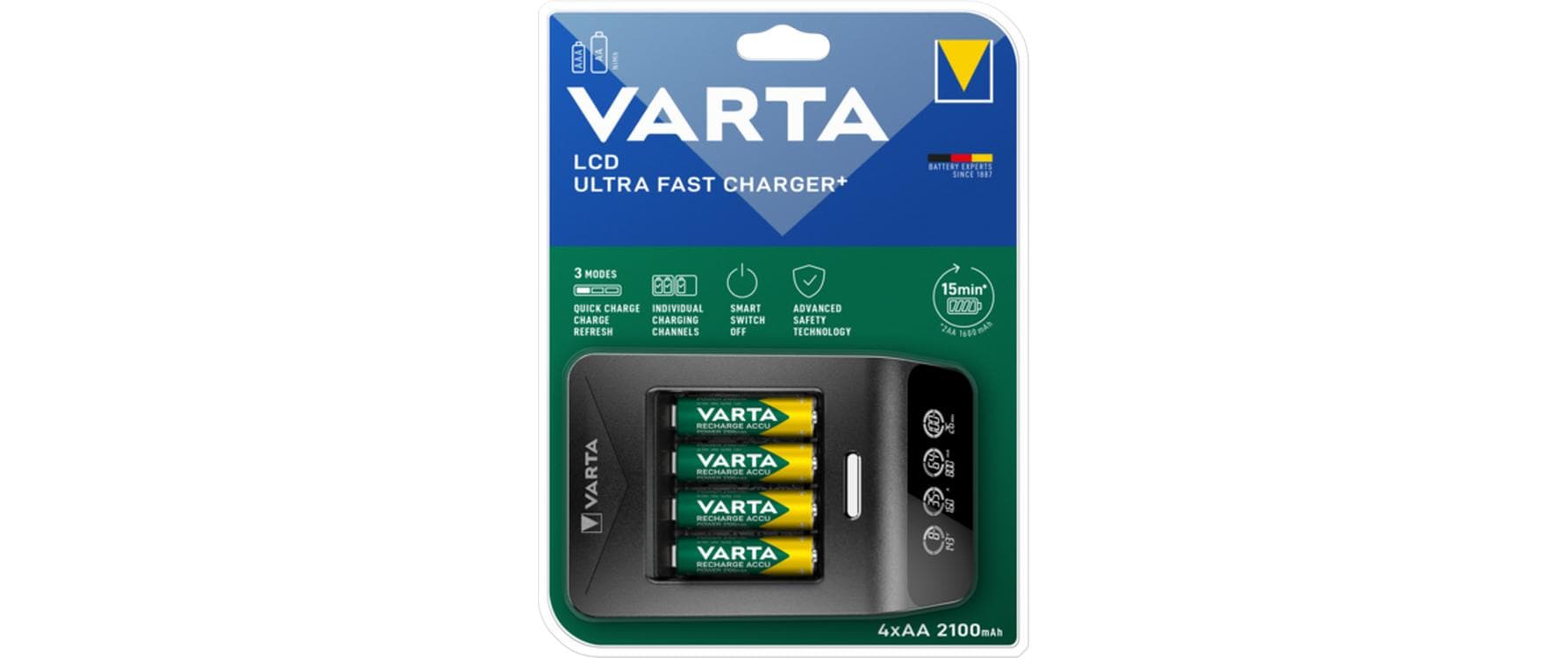 Varta LCD Ultra Fast Charger+ Batterieladegerät 4× – für AA, AAA – inkl. 4× AA (2100 mAh)