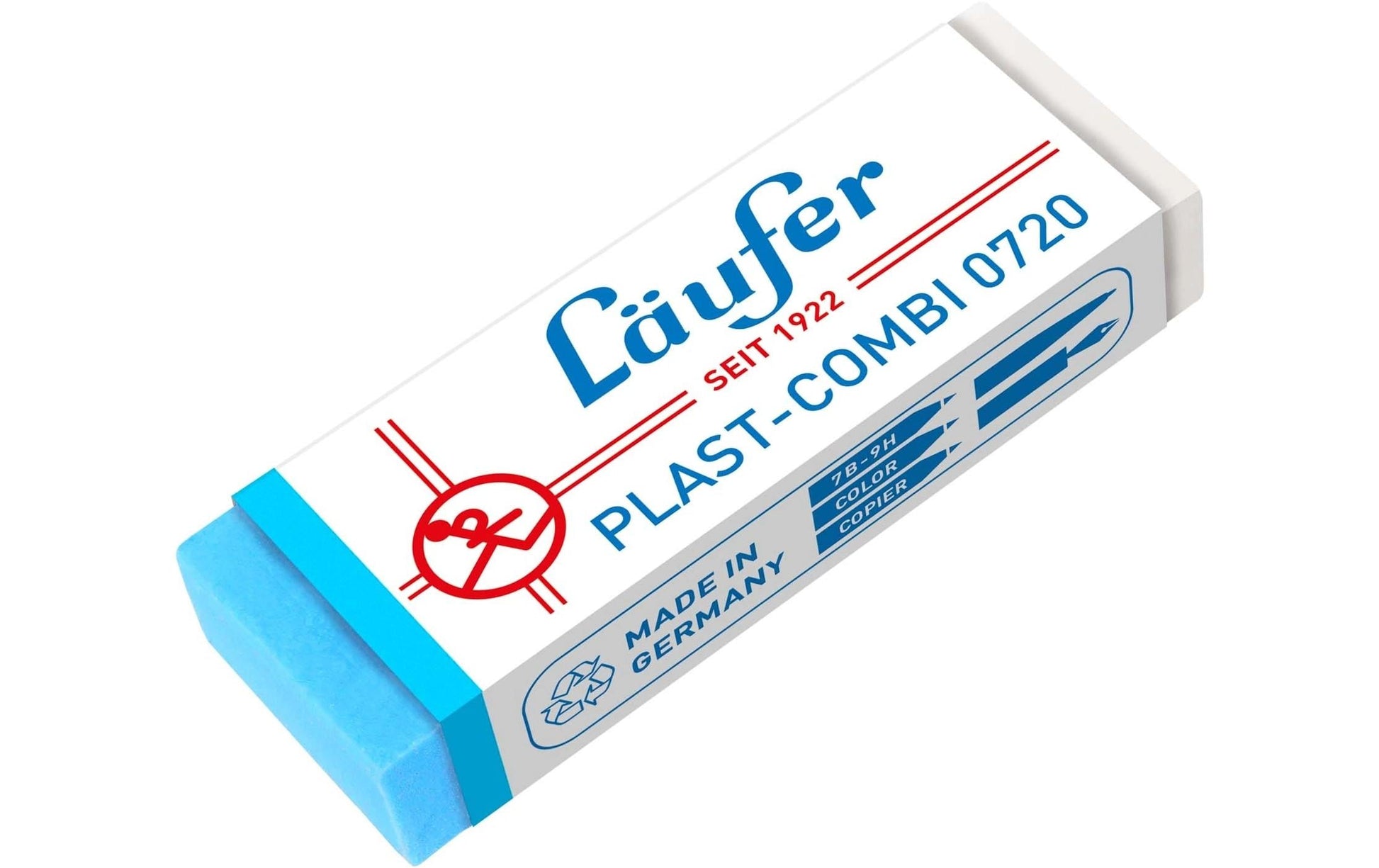 Laufer Radierer – für Kugel- und Faserschreiber – 65 × 12 × 21 mm – Kunststoff – transparent, blau