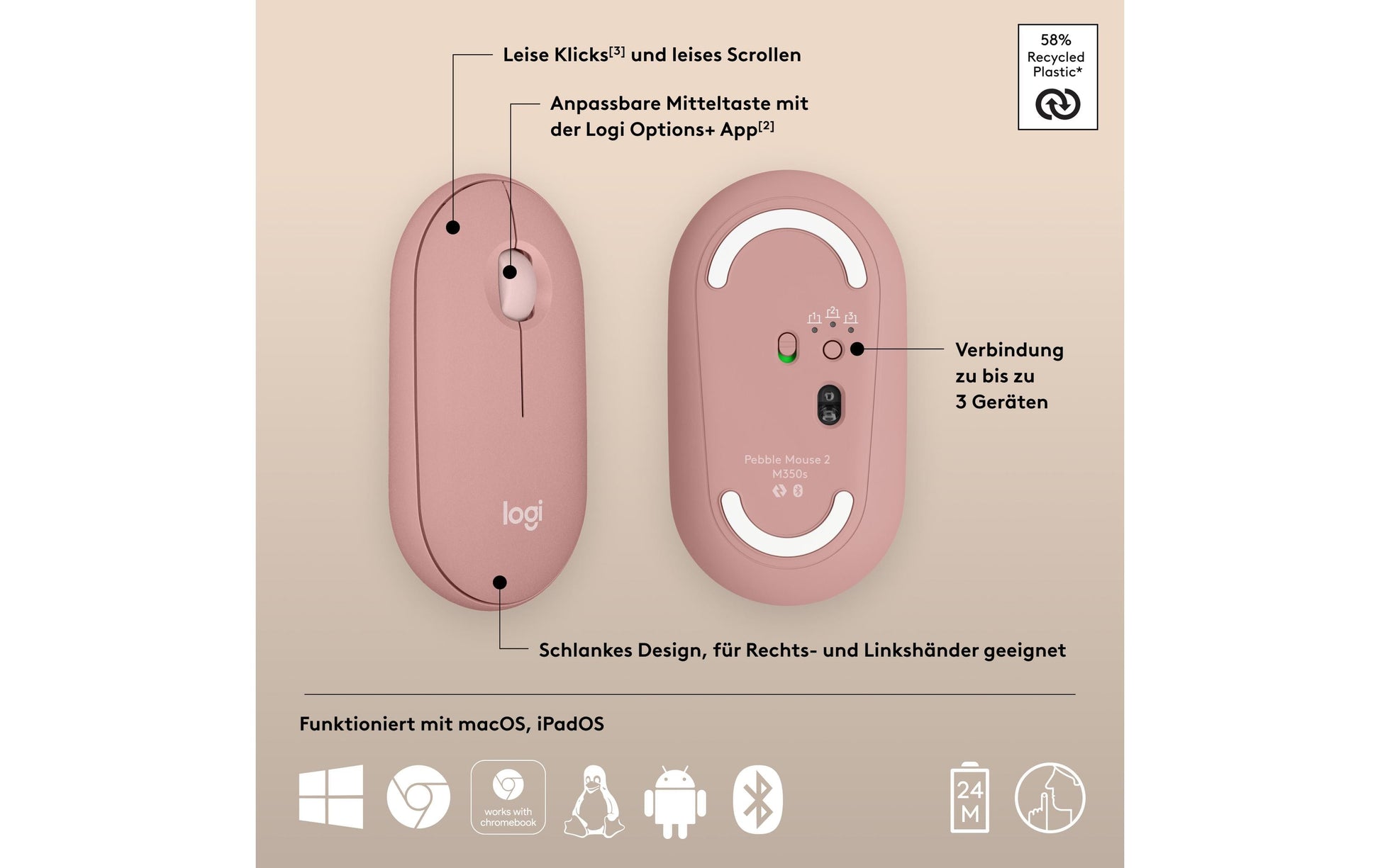Logitech Pebble M350S Tonal Rose Maus – kabellos, Bluetooth, rosa