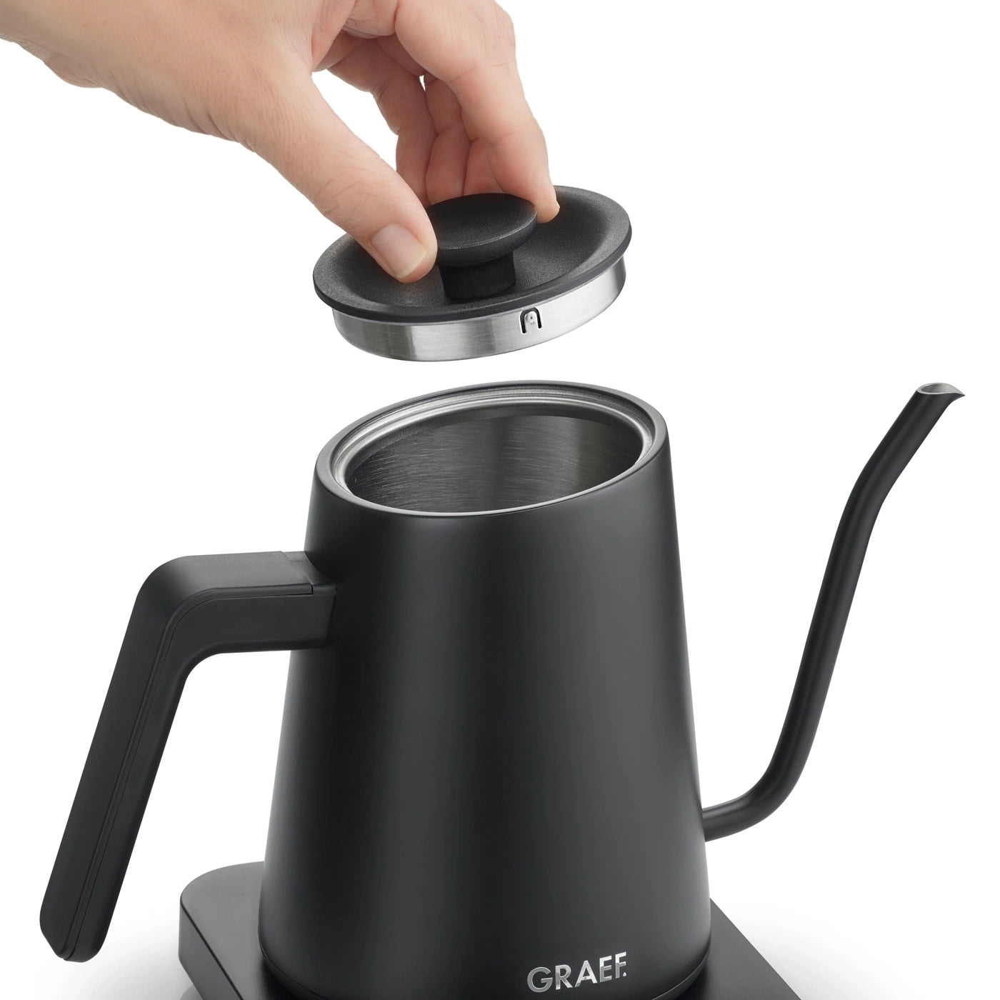 Graef Pourover Wasserkocher – 0,9 l, mit Temperaturwahl, Warmhaltefunktion, Edelstahl, Schwarz, GK502