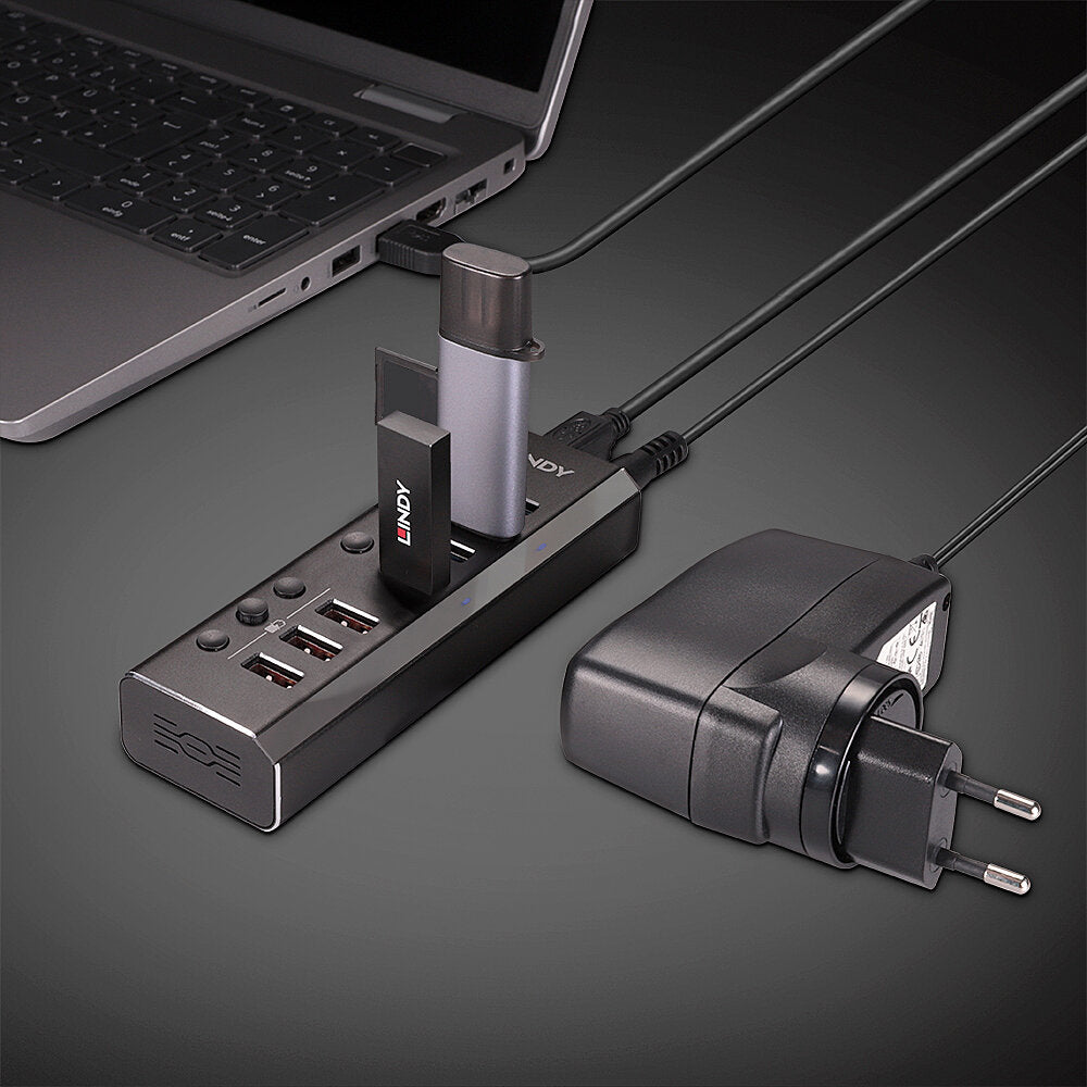Lindy 43371 USB-Hub – USB 3.2 Gen1 (Typ-B), 7× USB-A, 3× Quick Charge 3.0