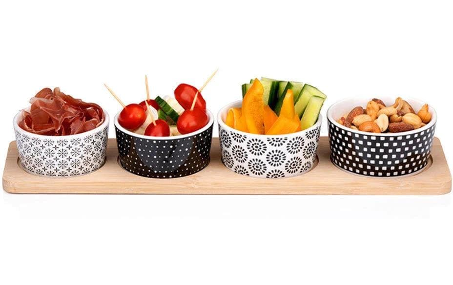 Alpina Tapas-Set – 5-teiliges Set, 38 × 10 × 5,2 cm, Porzellan/Eiche, Mehrfarbig, spülmaschinenfest