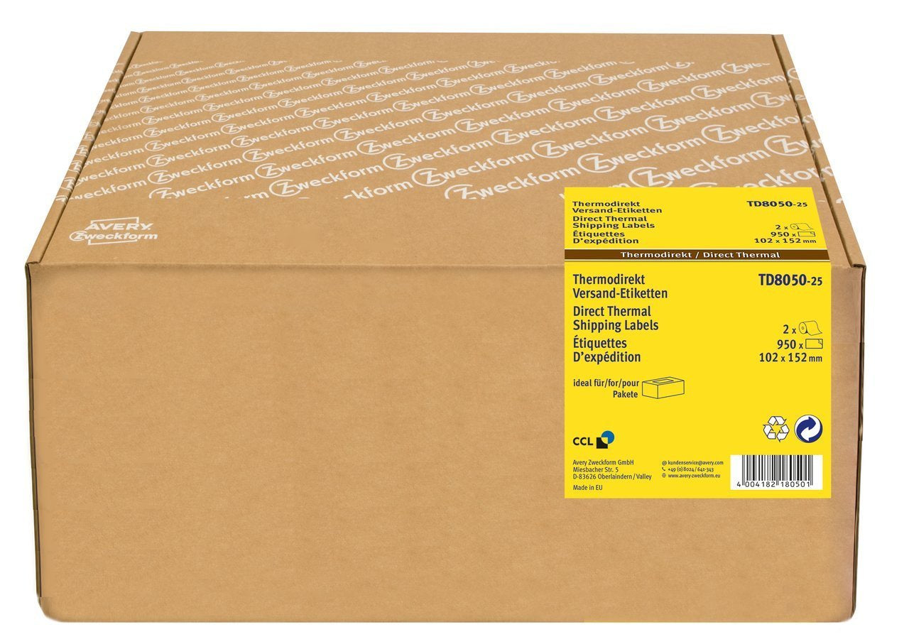 AVERY Zweckform TD8050-25 – Etiketten (Rolle) 102 × 152 mm – Papier – Thermotransfer – 2 Rollen (950 Stk.)