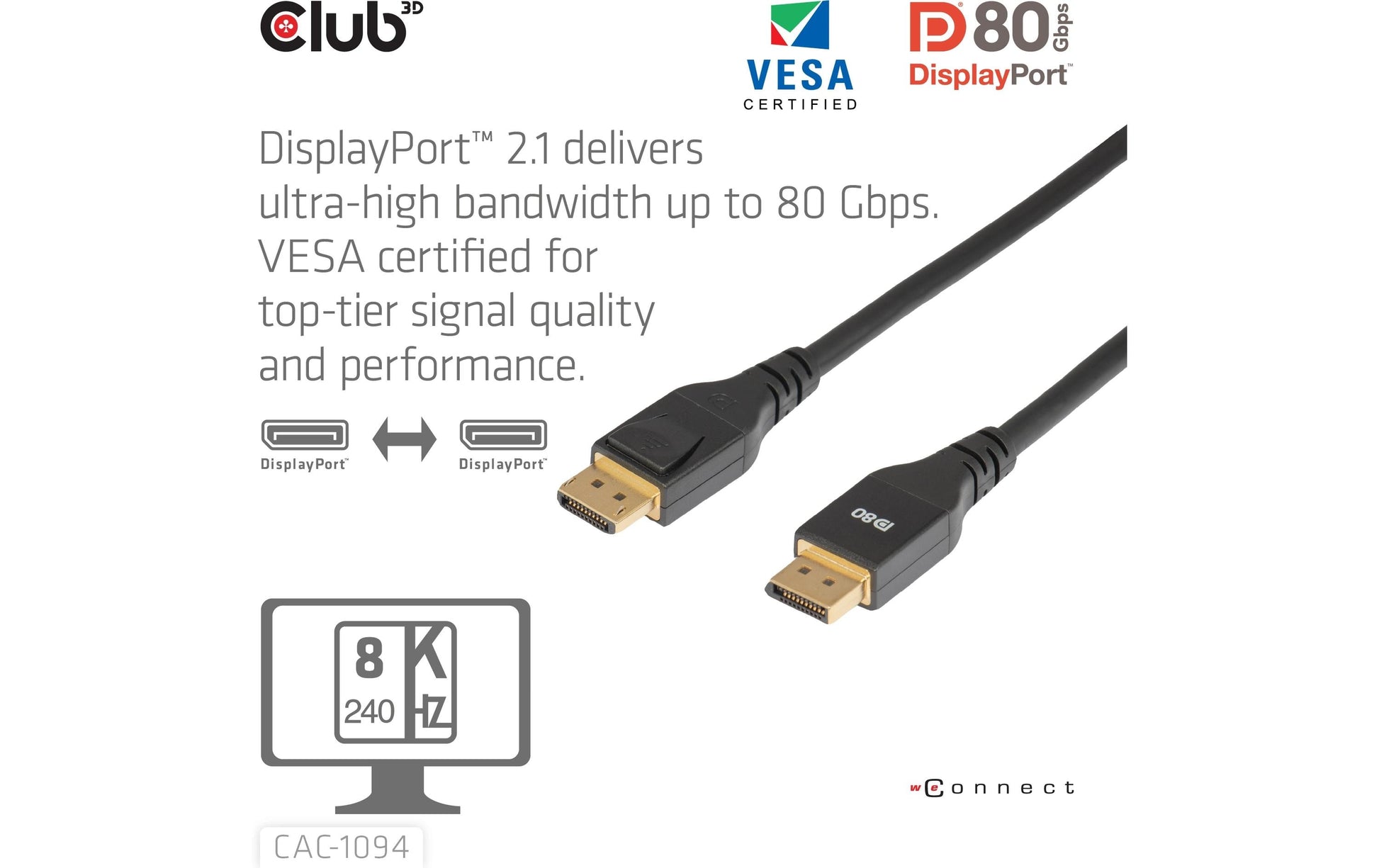 CLUB3D DisplayPort Kabel DP 2.1 – 8K 240 Hz – 2 m