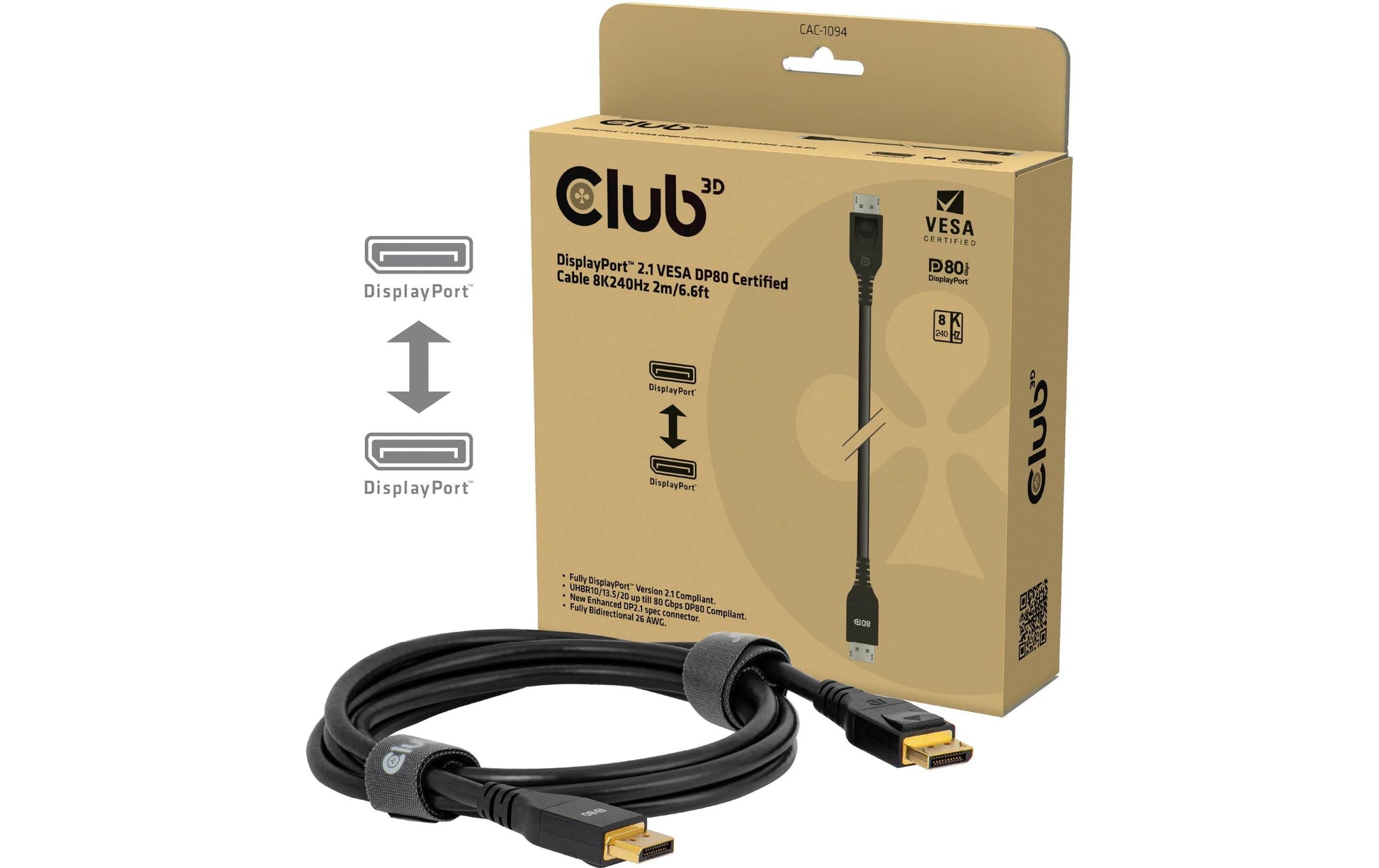 CLUB3D DisplayPort Kabel DP 2.1 – 8K 240 Hz – 2 m