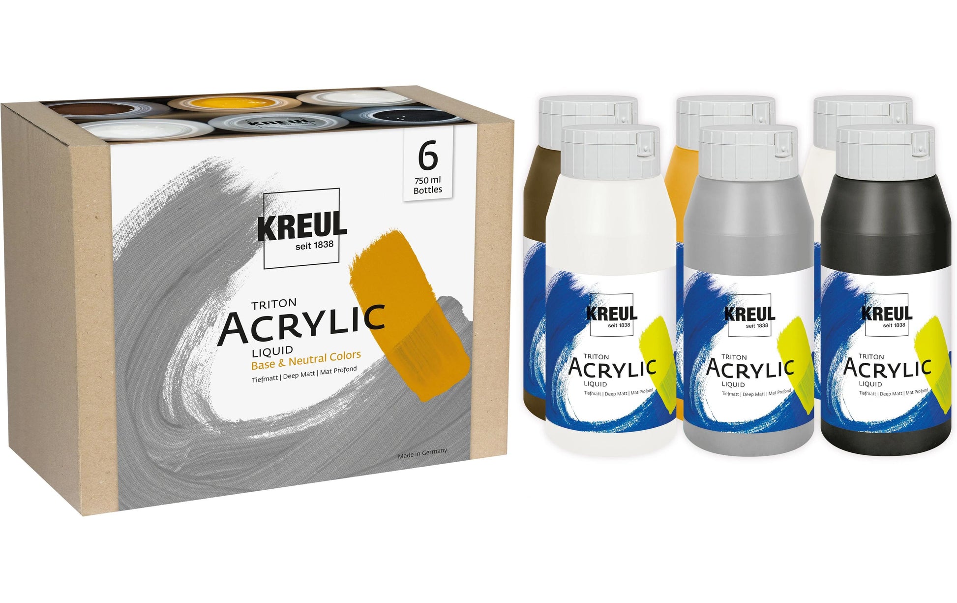 KREUL Triton Acryl Flüssig Acrylfarbe – 6 Farben, matt – 6×750 ml (4,5 l) – für Leinwand, Papier, Holz