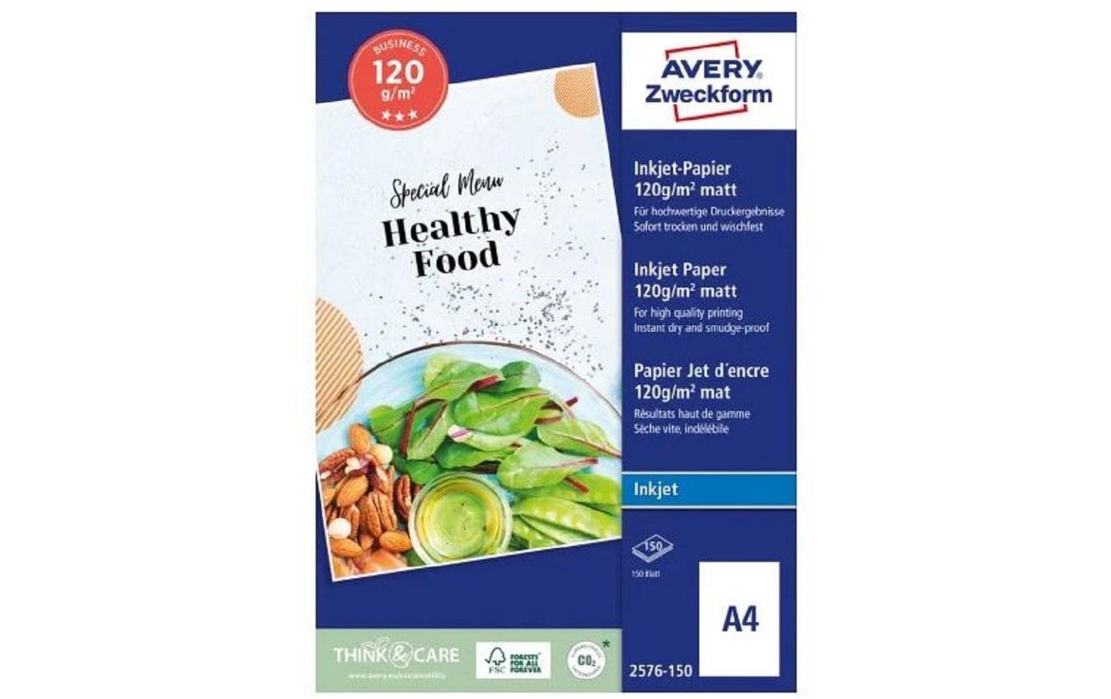 Avery Zweckform Inkjetpapier – A4, 120 g/m², weiss – für Inkjet – FSC – 150 Blatt