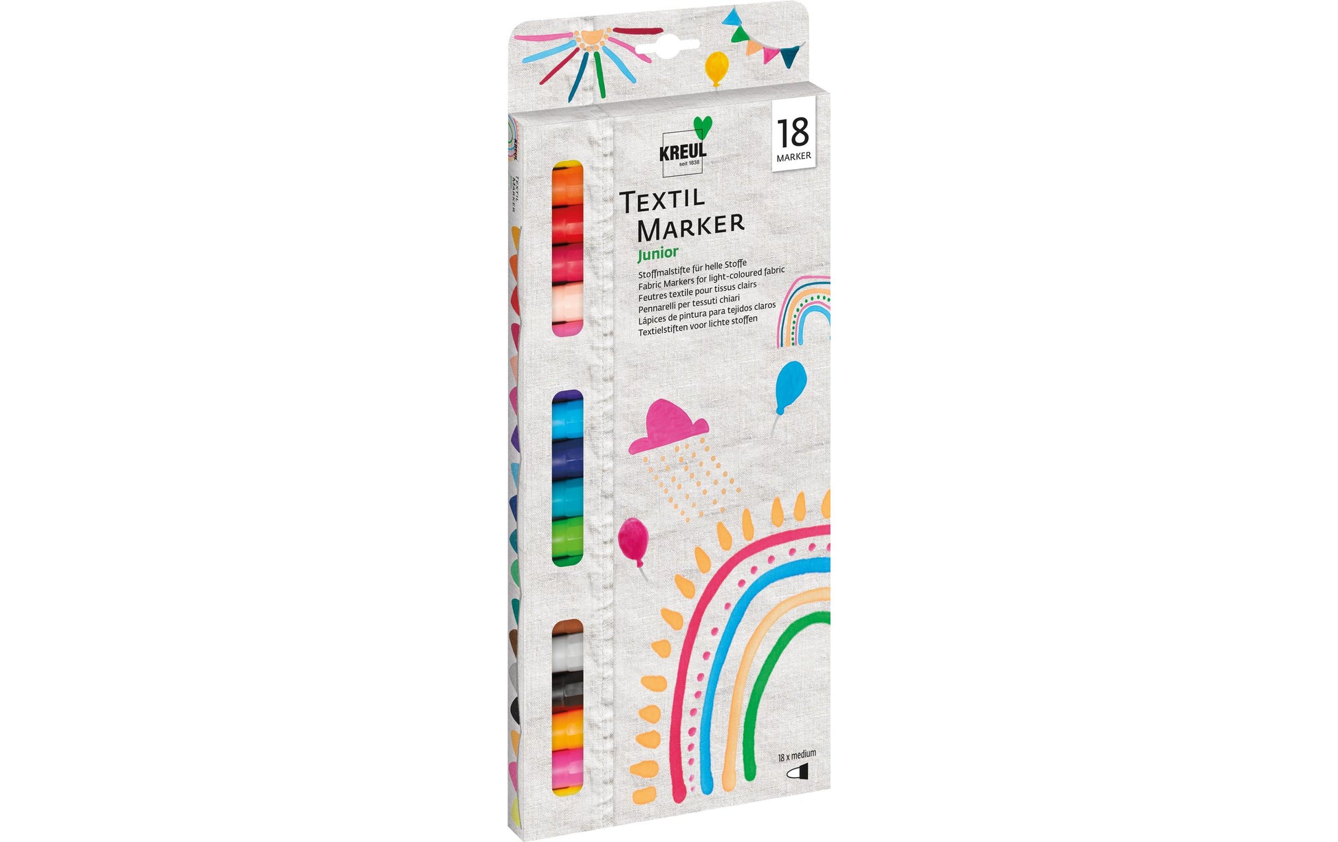 KREUL Junior Textilmarker – Rundspitze, 2–4 mm, wasserbasiert, waschbar, 18er Set, für helle Stoffe