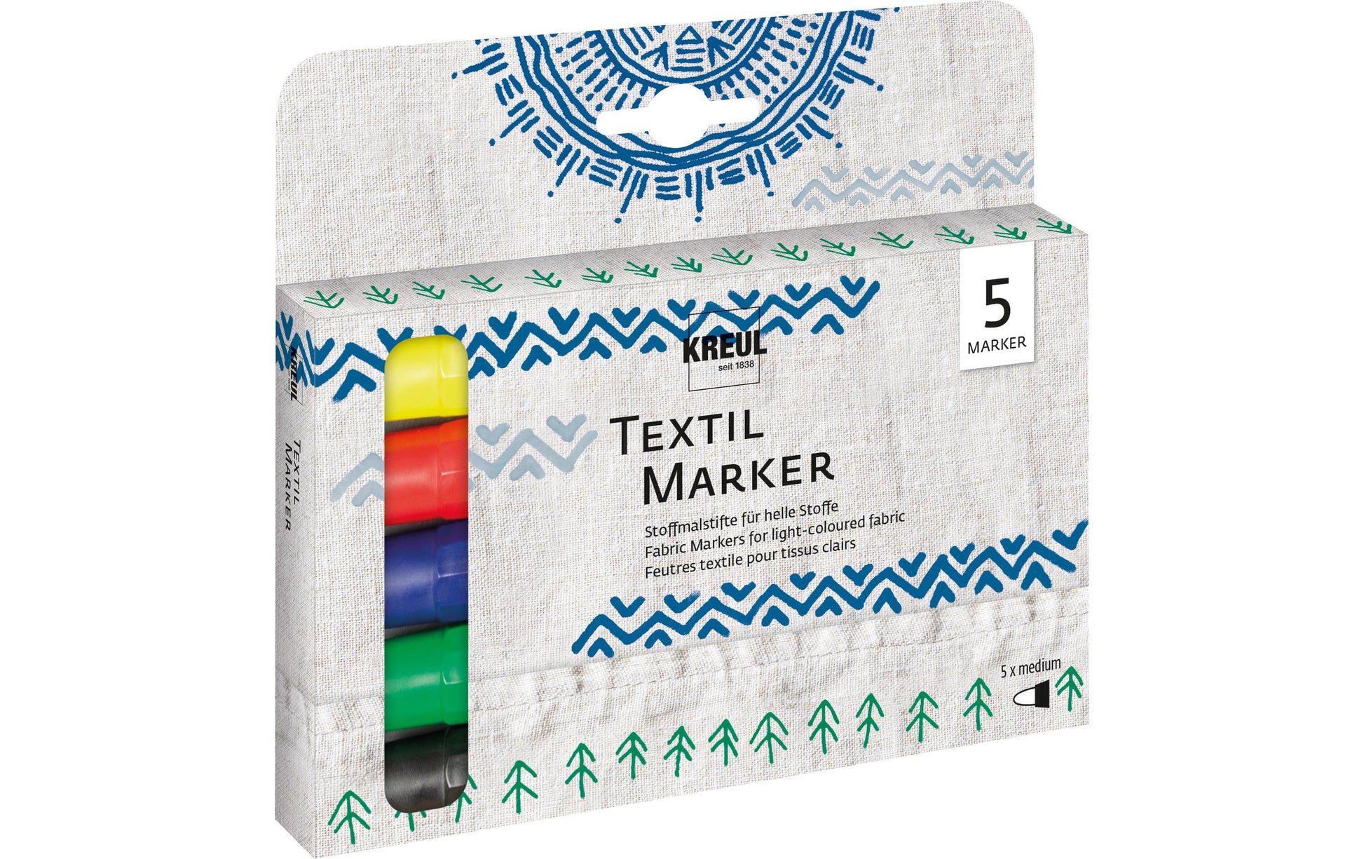 KREUL Textilmarker – Rundspitze 2–4 mm – Mehrfarbig, 5er-Set – Für helle Stoffe