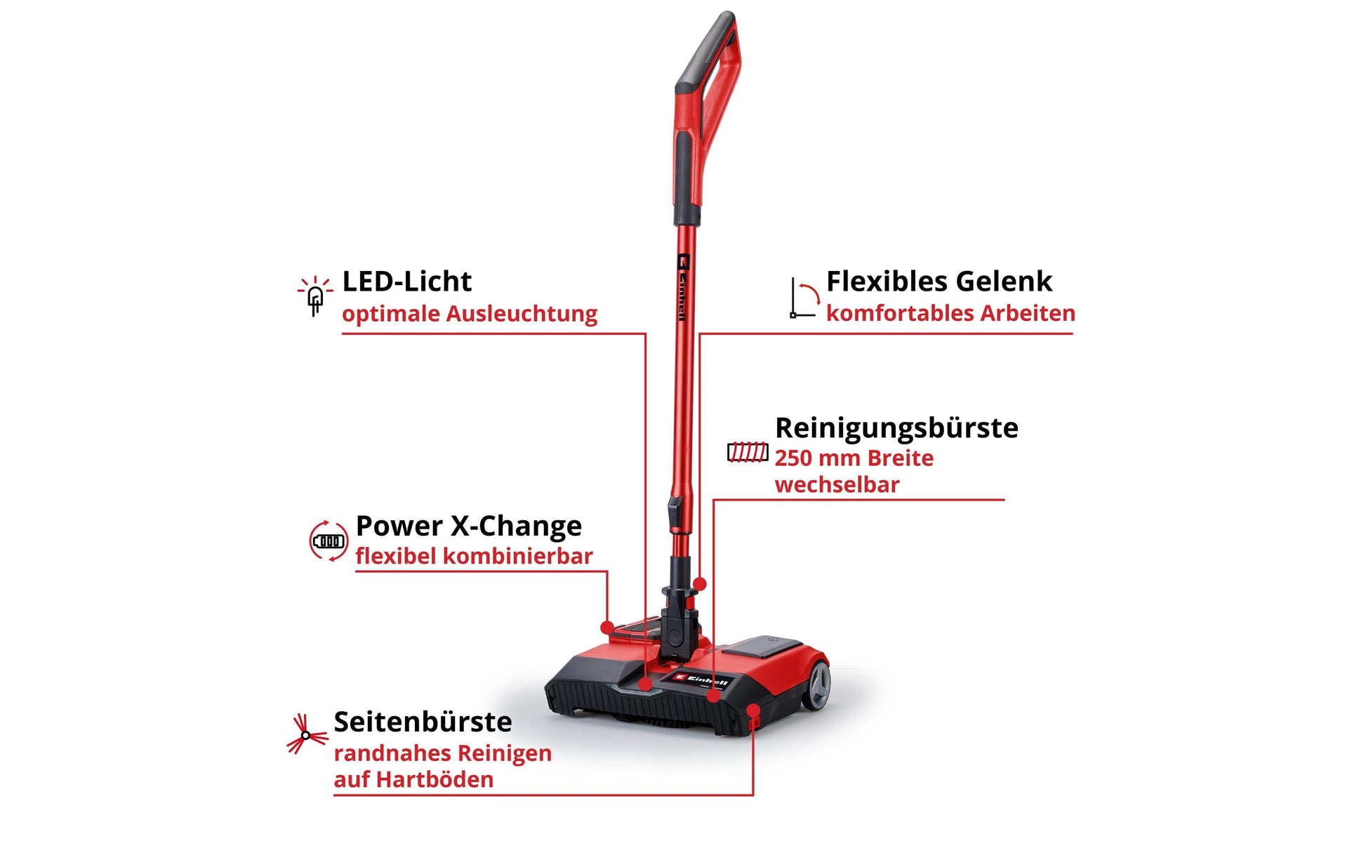 Einhell Akku-Kehrmaschine TE-FS 18 Li-Solo – Teleskopstiel, Rot, Metall