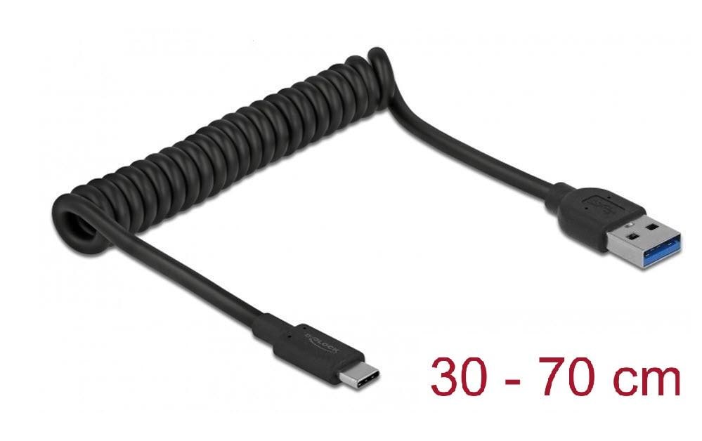 DeLOCK USB-A auf USB-C Kabel – USB 3.2 Gen 2 (10 Gbit/s) – 1,2 m – Spiralkabel, Goldstecker – Schwarz