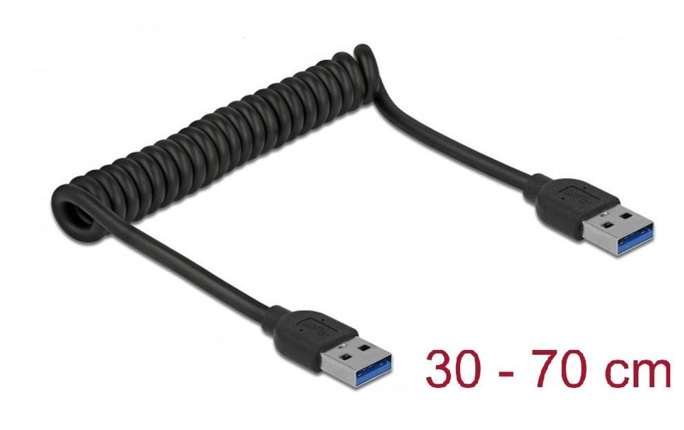 DeLOCK USB-Kabel, USB-A auf USB-A – USB 3.2 Gen 1 (5 Gbit/s) – 1,2 m – Spiralkabel, Goldstecker – Schwarz