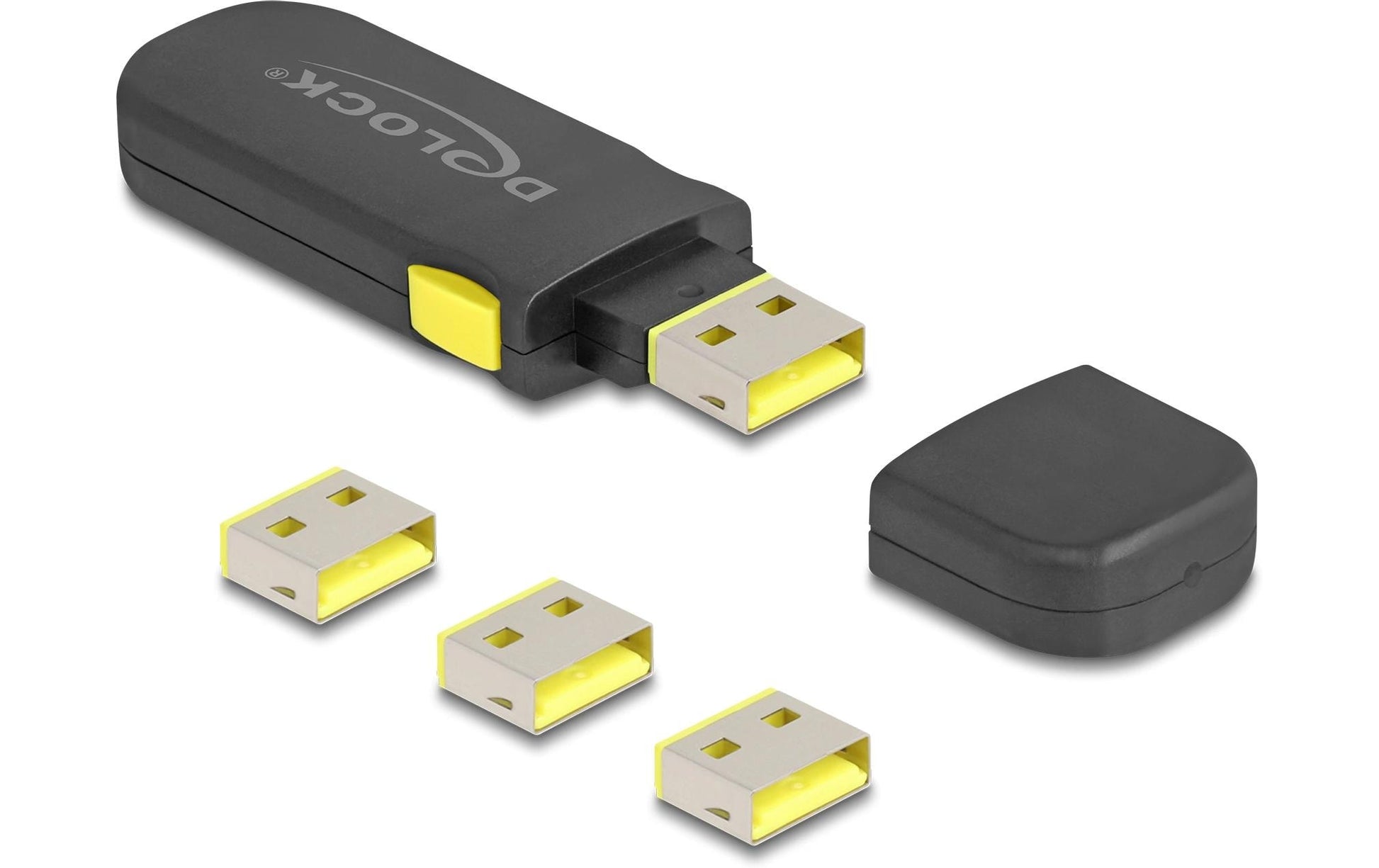 DeLOCK USB-Portblocker Set – mit Schlüssel – Schwarz/Gelb – für USB-A – 4 Stk