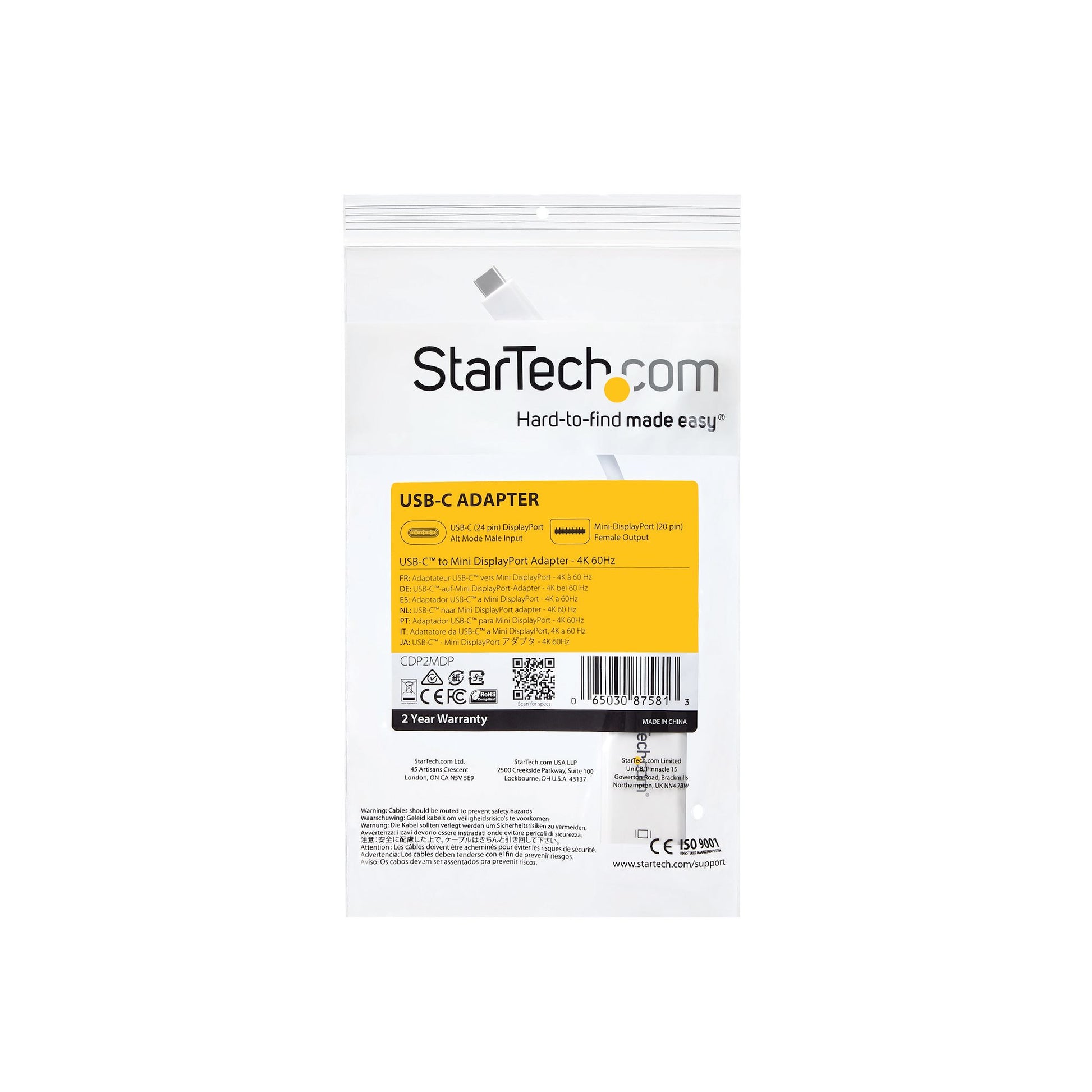 StarTech.com USB-C zu Mini DisplayPort Adapter – 4K (3840 × 2160) @ 60 Hz, DisplayPort 1.2, 1,4 cm, Weiss