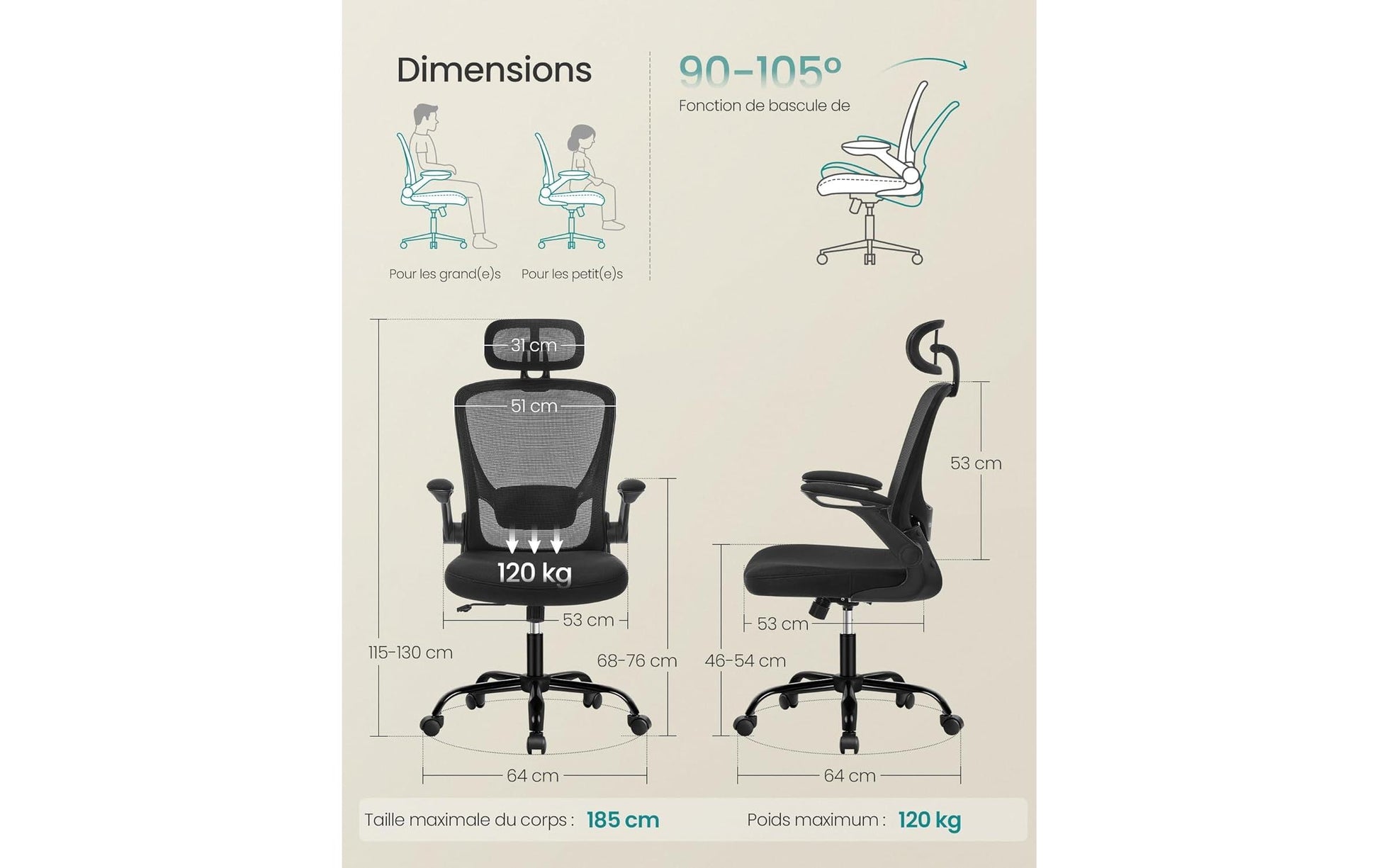 Songmics Bürostuhl – Gesamthöhe 130 cm, Netzrücken, Schwarz