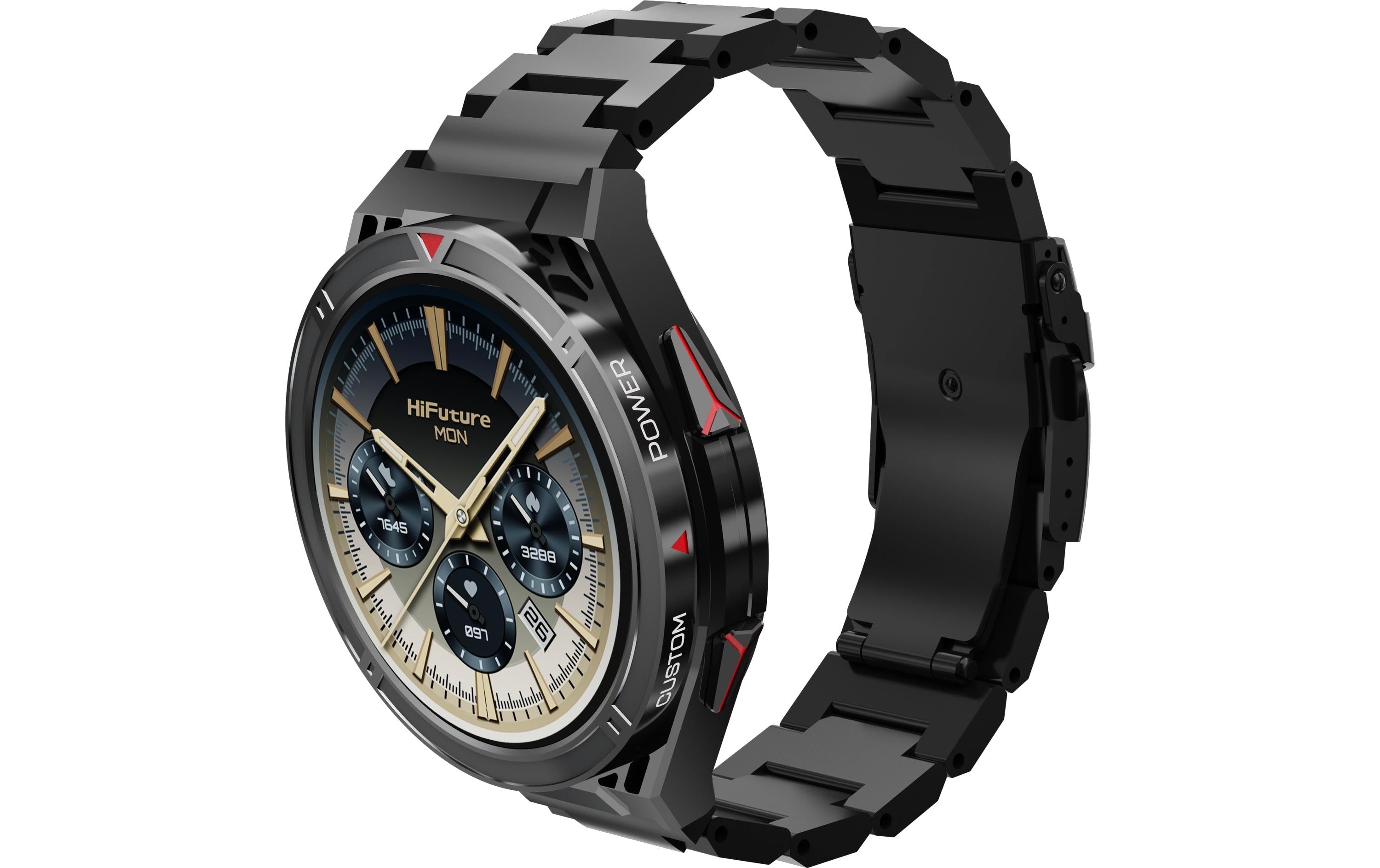 HiFuture ACTIVE – GPS-Smartwatch – 65 mm, 1,43", GPS, Bluetooth, AMOLED, 5 ATM, Schwarz/Rot, Rostfreier Stahl