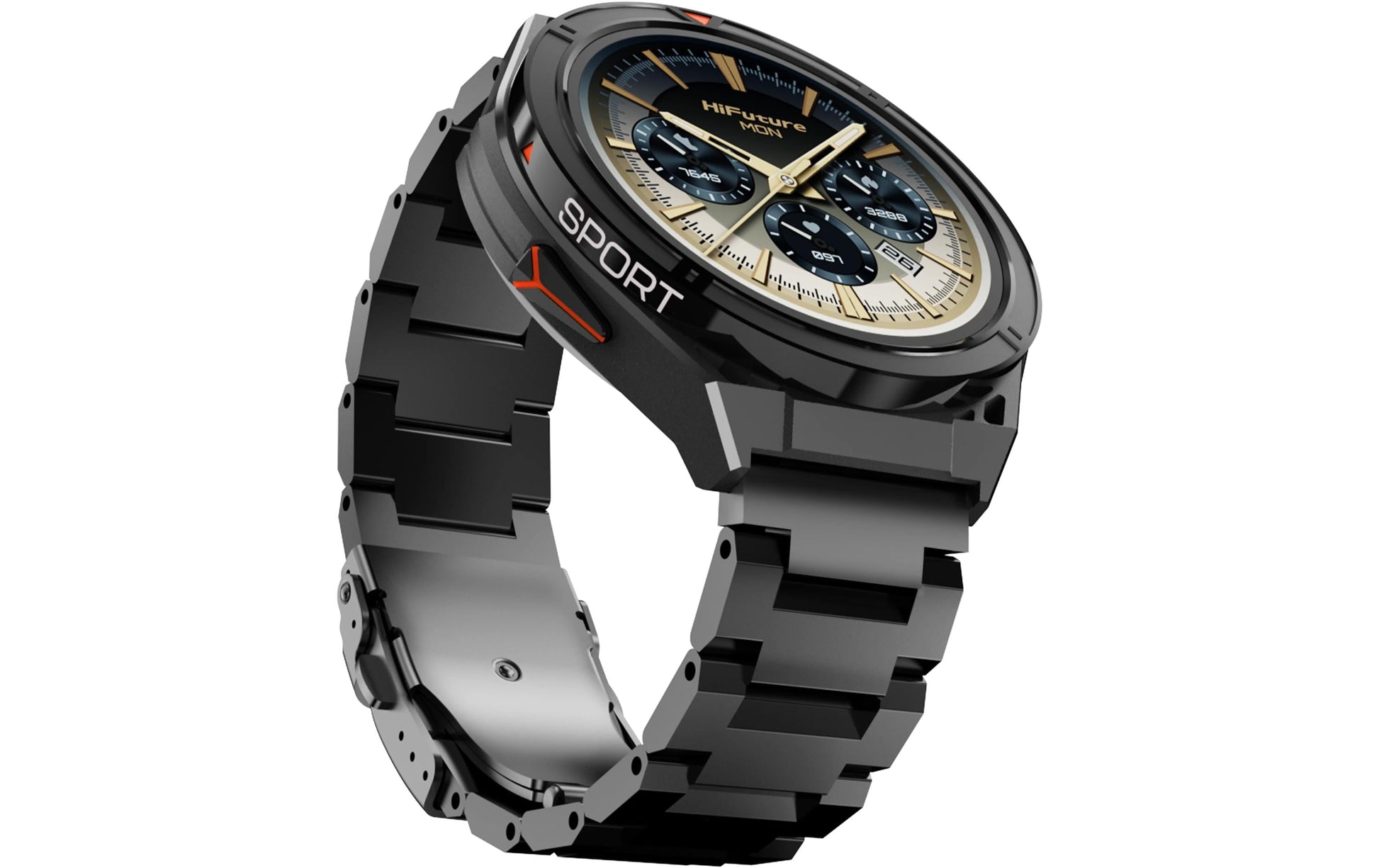 HiFuture ACTIVE – GPS-Smartwatch – 65 mm, 1,43", GPS, Bluetooth, AMOLED, 5 ATM, Schwarz/Rot, Rostfreier Stahl