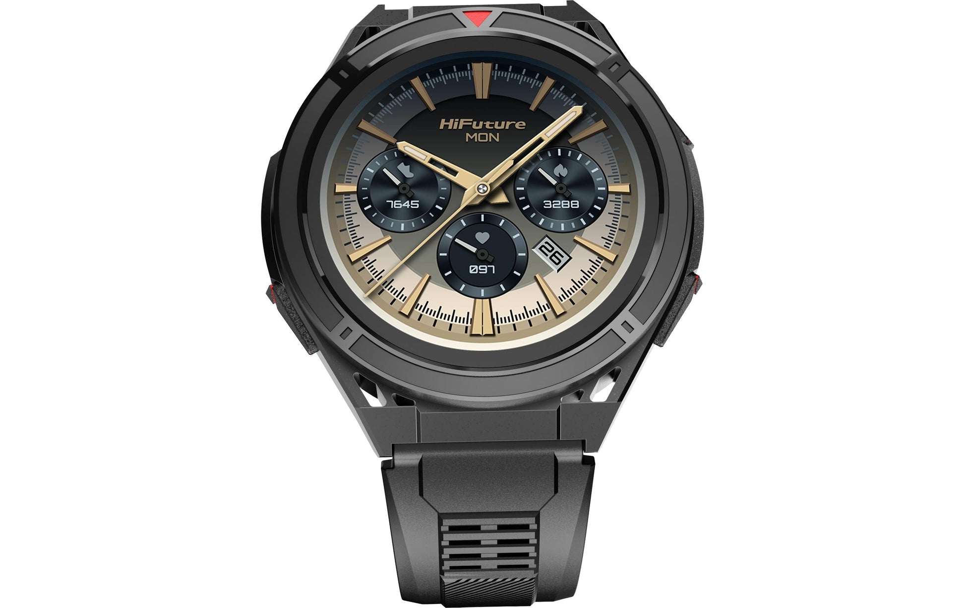 HiFuture ACTIVE – GPS-Smartwatch – 65 mm, 1,43", GPS, Bluetooth, AMOLED, 5 ATM, Schwarz/Rot, Rostfreier Stahl