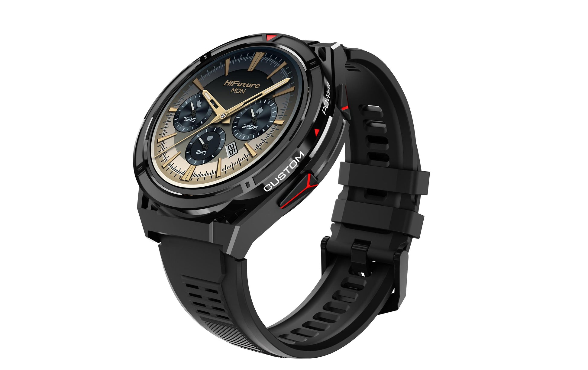 HiFuture ACTIVE – GPS-Smartwatch – 65 mm, 1,43", GPS, Bluetooth, AMOLED, 5 ATM, Schwarz/Rot, Rostfreier Stahl